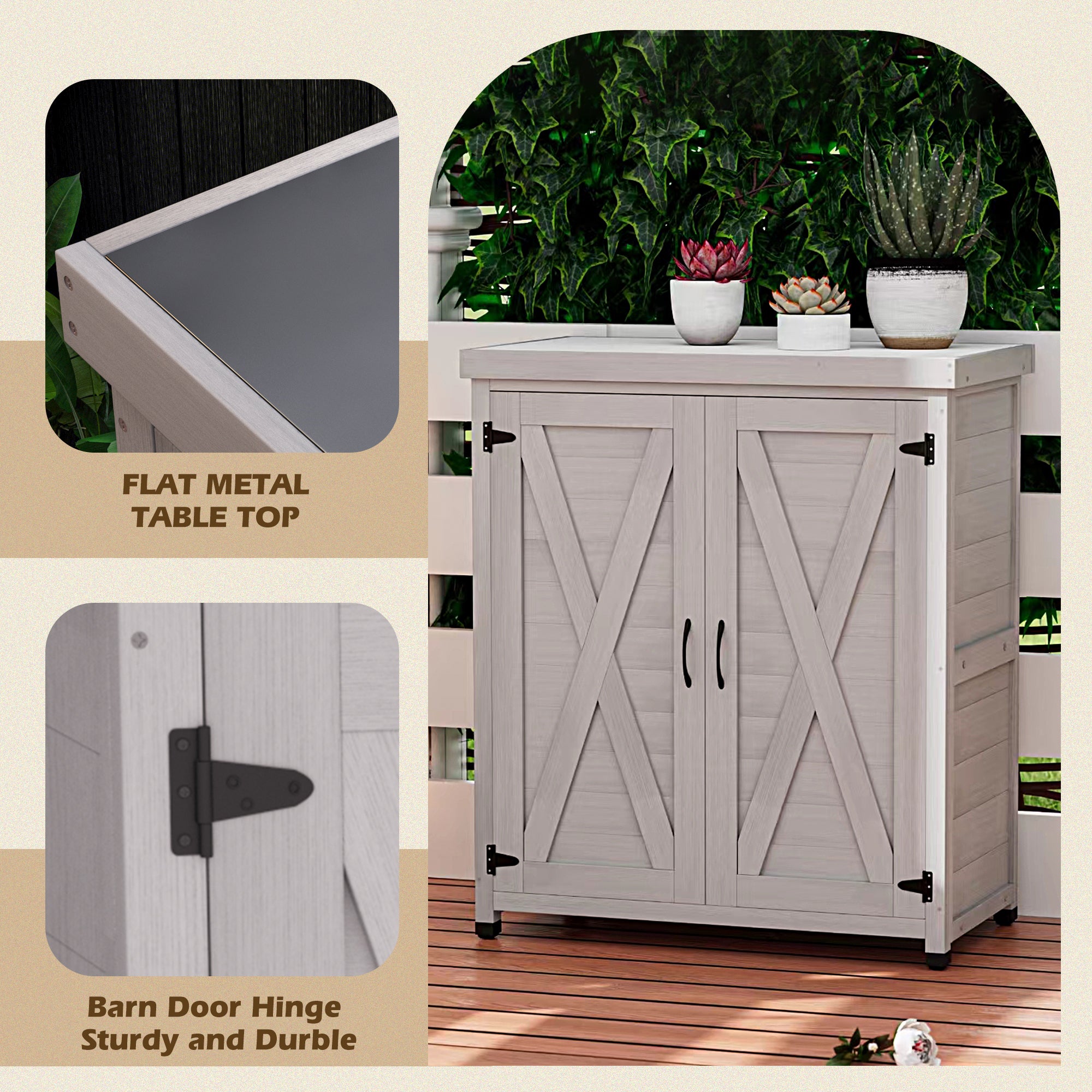 Potting Bench with Storage Cabinet and Metal Table Top for Outdoor Patio,Outdoor Work Station Table