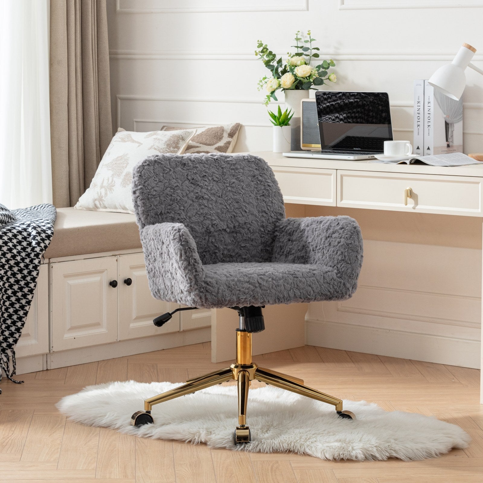 A&A Furniture Office Chair,Artificial rabbit hair Home Office Chair with Golden Metal Base,Adjustable Desk Chair Swivel Office Chair,Vanity Chair(Gray)