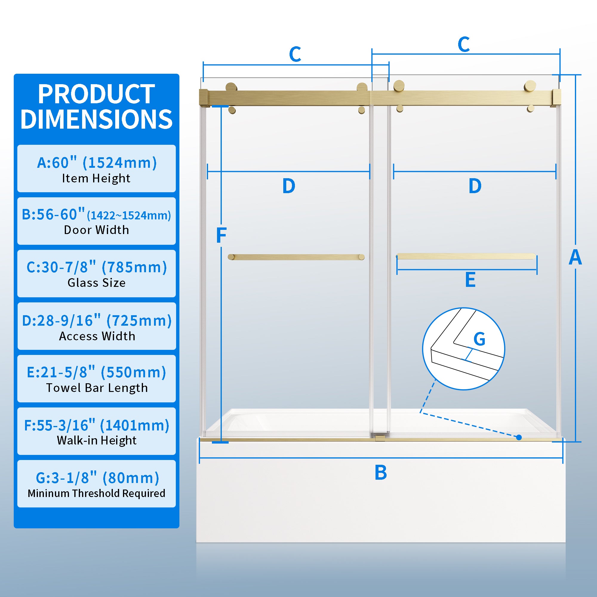 56-60"W × 60"H Double Sliding Frameless Bathtub Door With 3/8 inches (10mm) Clear Tempered Glass, Brushed Gold Finish