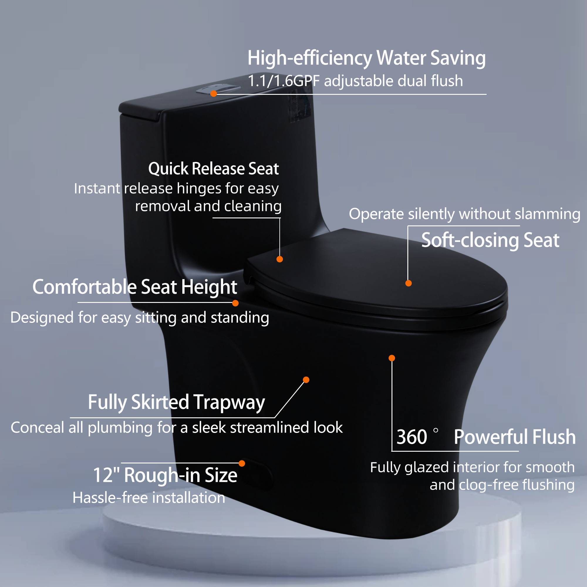 1.1/1.60 GPF Dual-Flush One Piece Toilet, Water-Saving Elongated Comfort Height Floor Mounted, Soft Closing Seat, 1000 Gram Map Flushing Score Toilet, Matte Black 23T02-MB