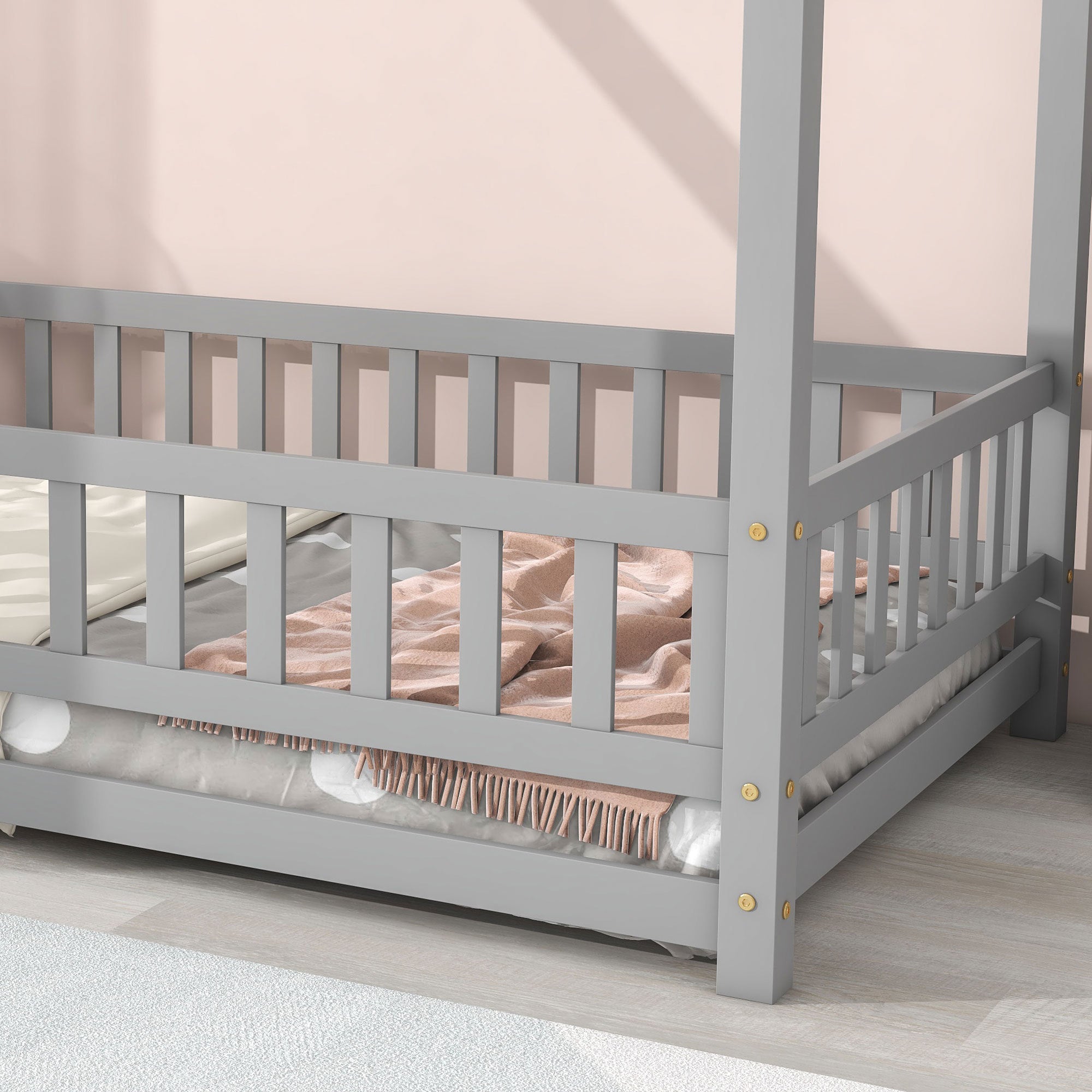 Twin Size Floor Wooden Bed with House Roof Frame, Fence Guardrails,Grey(Old SKU:W1791106614)