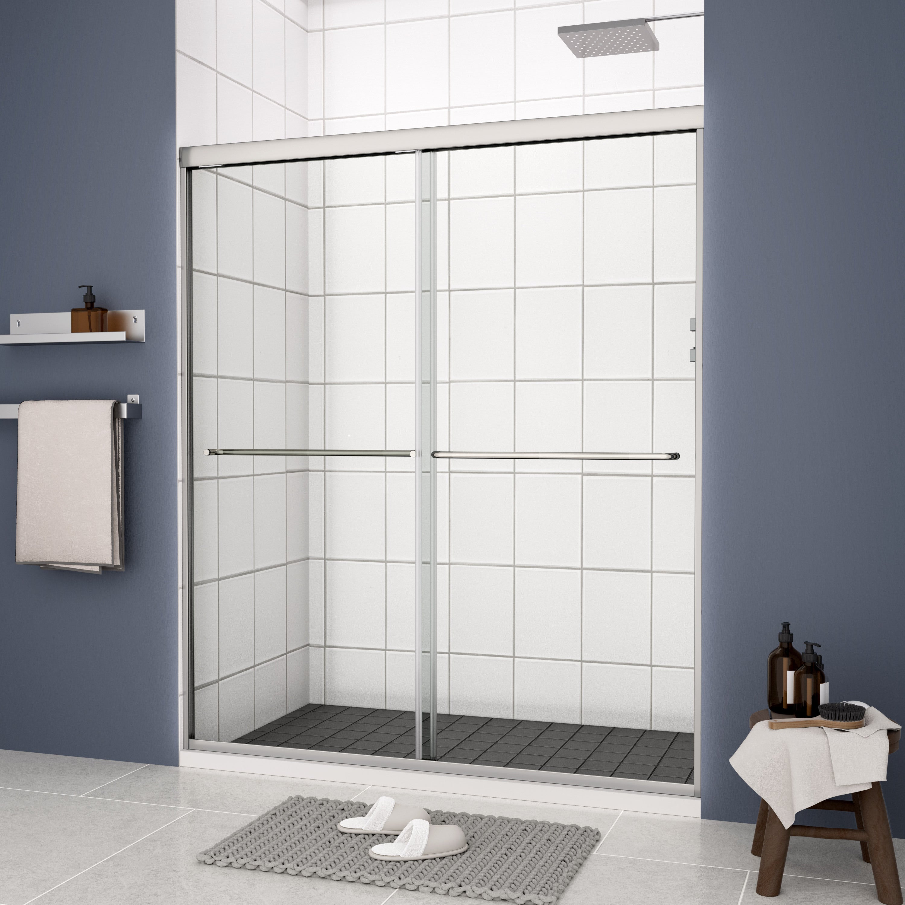 56-60"W x 70"H Bypass shower door, sliding door, with 1/4" tempered glass and Polished finish 6070