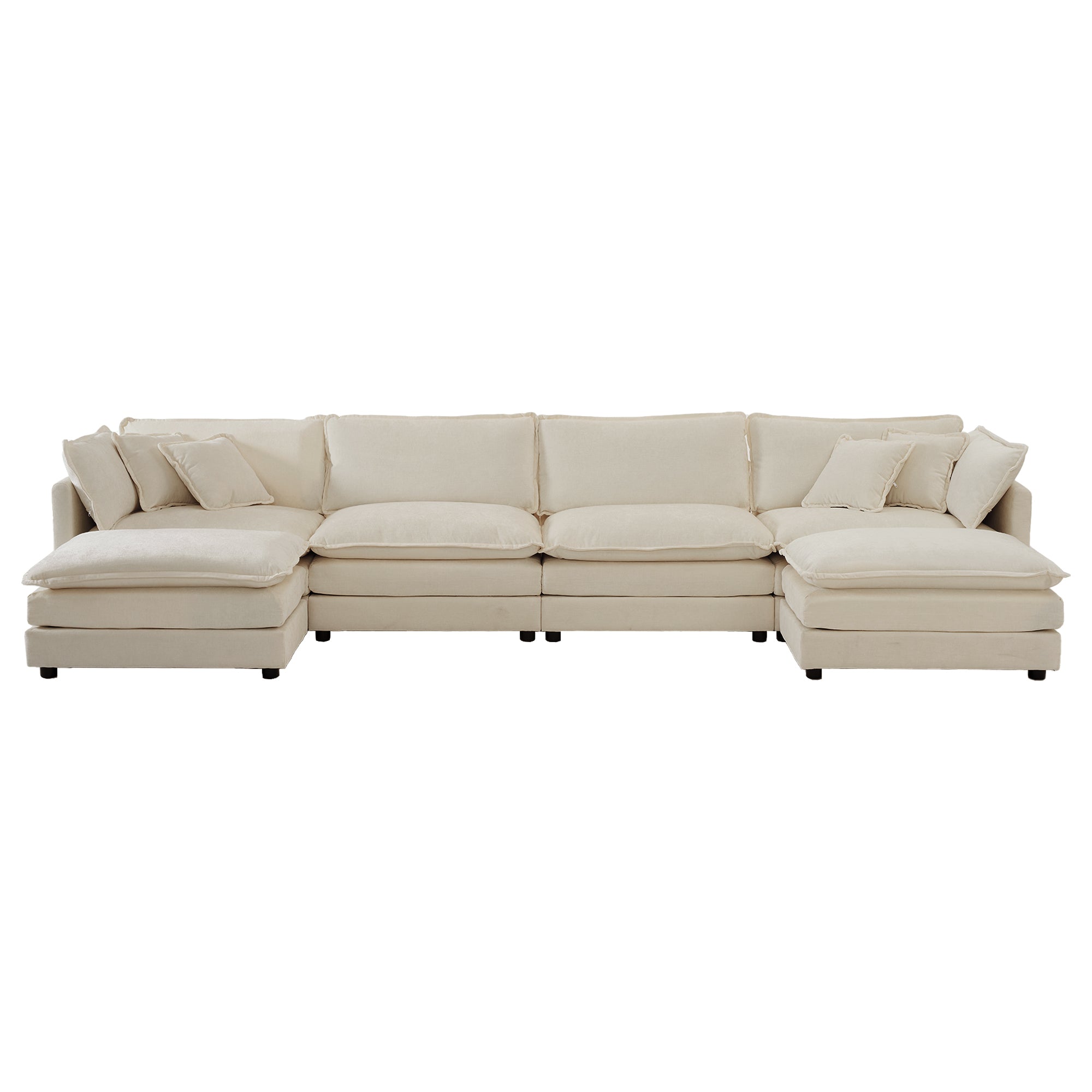 Comfort U Shaped Couch with Reversible Chaise, Modular Large U-Shape Sectional Sofa, Double Extra Ottomans,Beige Chenille