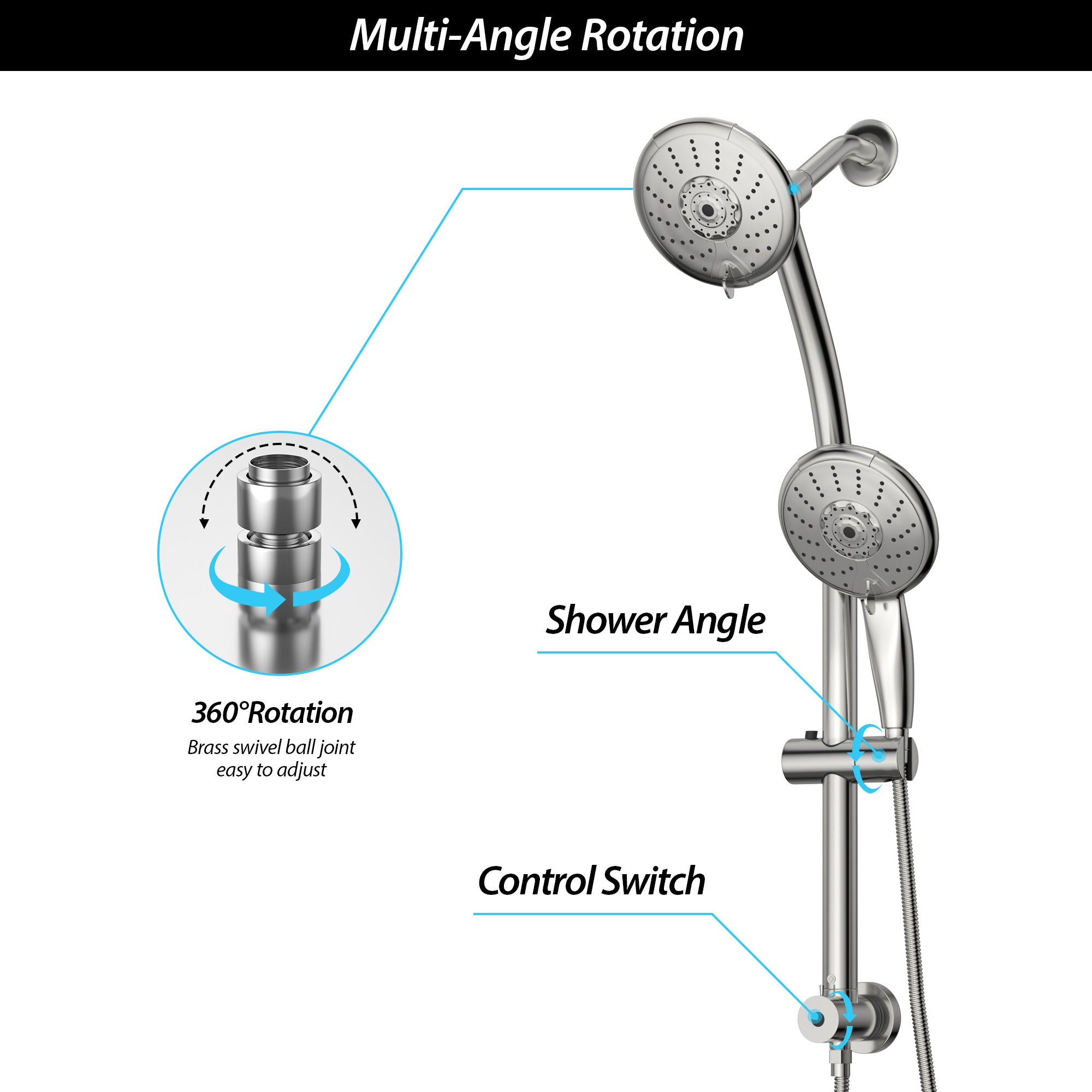 5" Multi Function Dual Shower Head, with Adjustable Slide Bar,Chrome