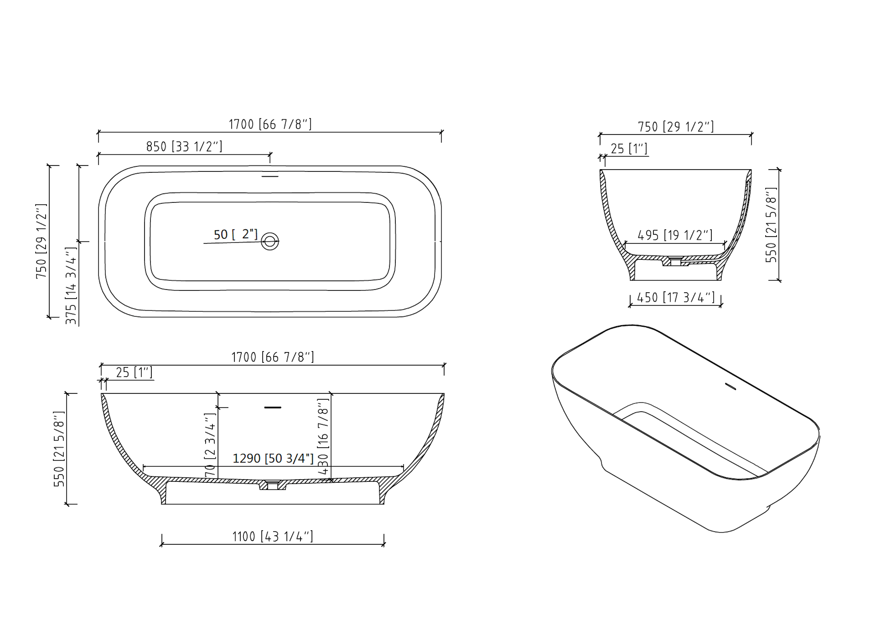 67" Freestanding Solid Surface Bathtub, Luxury Engineered Stone Resin Freestanding Soaking Bathtub with Overflow and Pop-up Drain cUPC Certified, Matte White 22S04-67