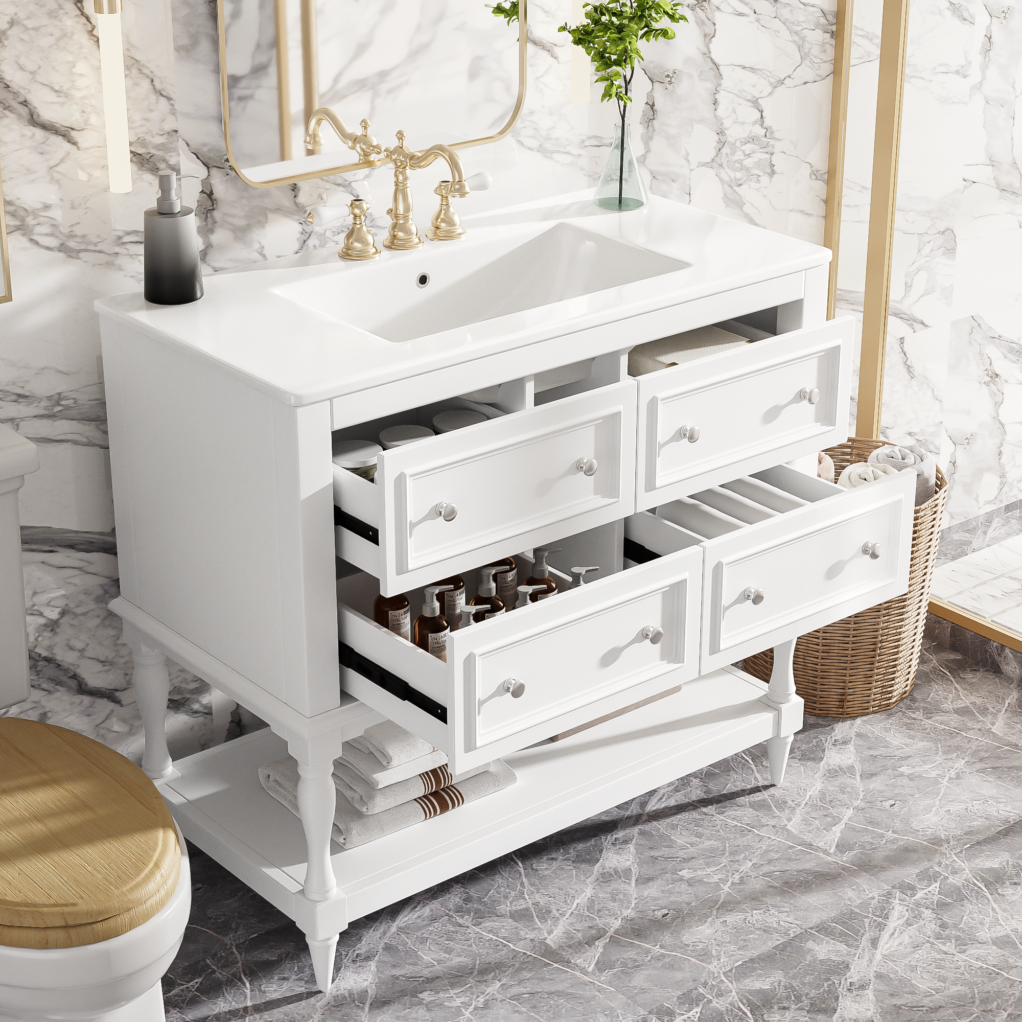 36 inch white solid wood bathroom vanity with 4 drawers, angled view