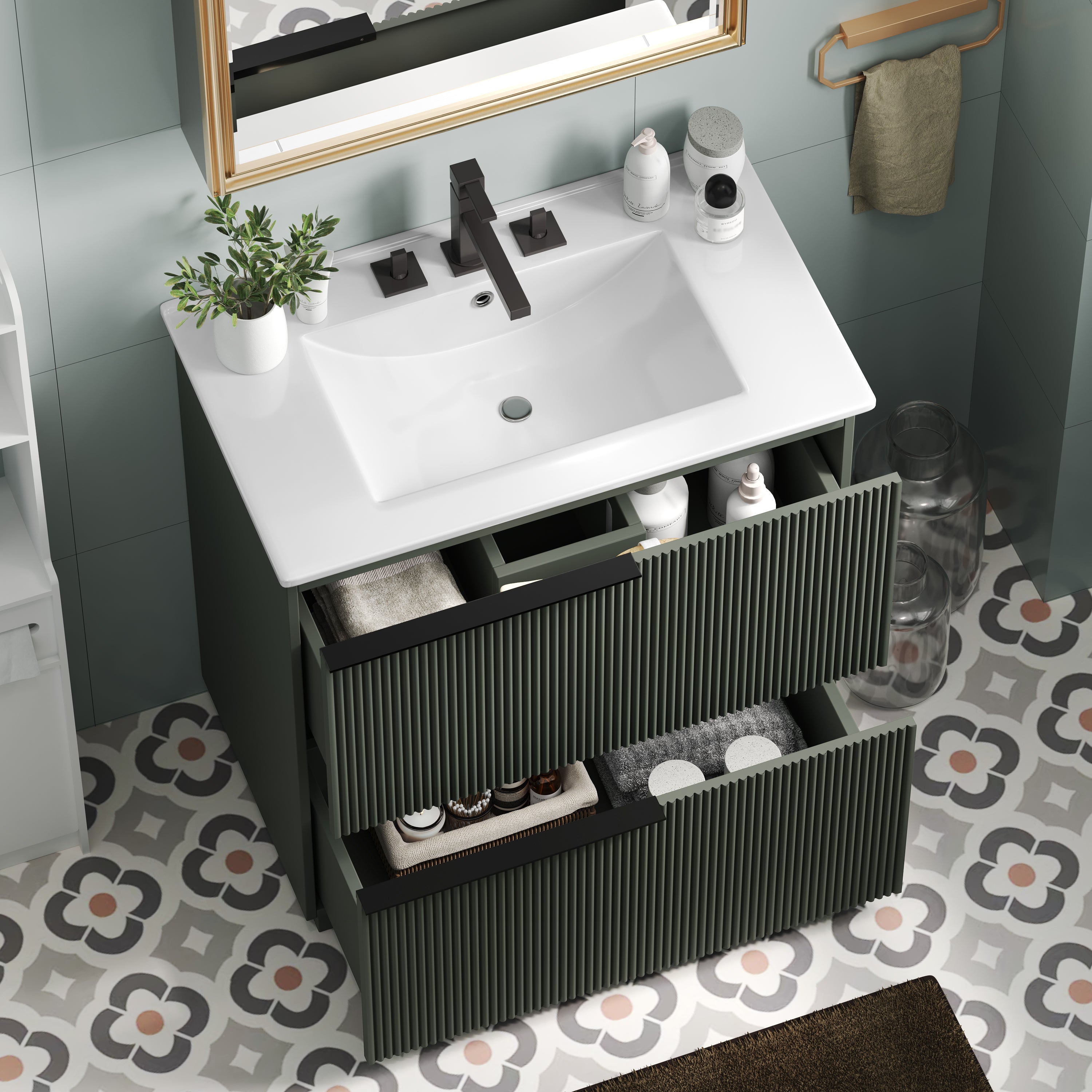 30-inch green vanity ceramic sink close-up detail