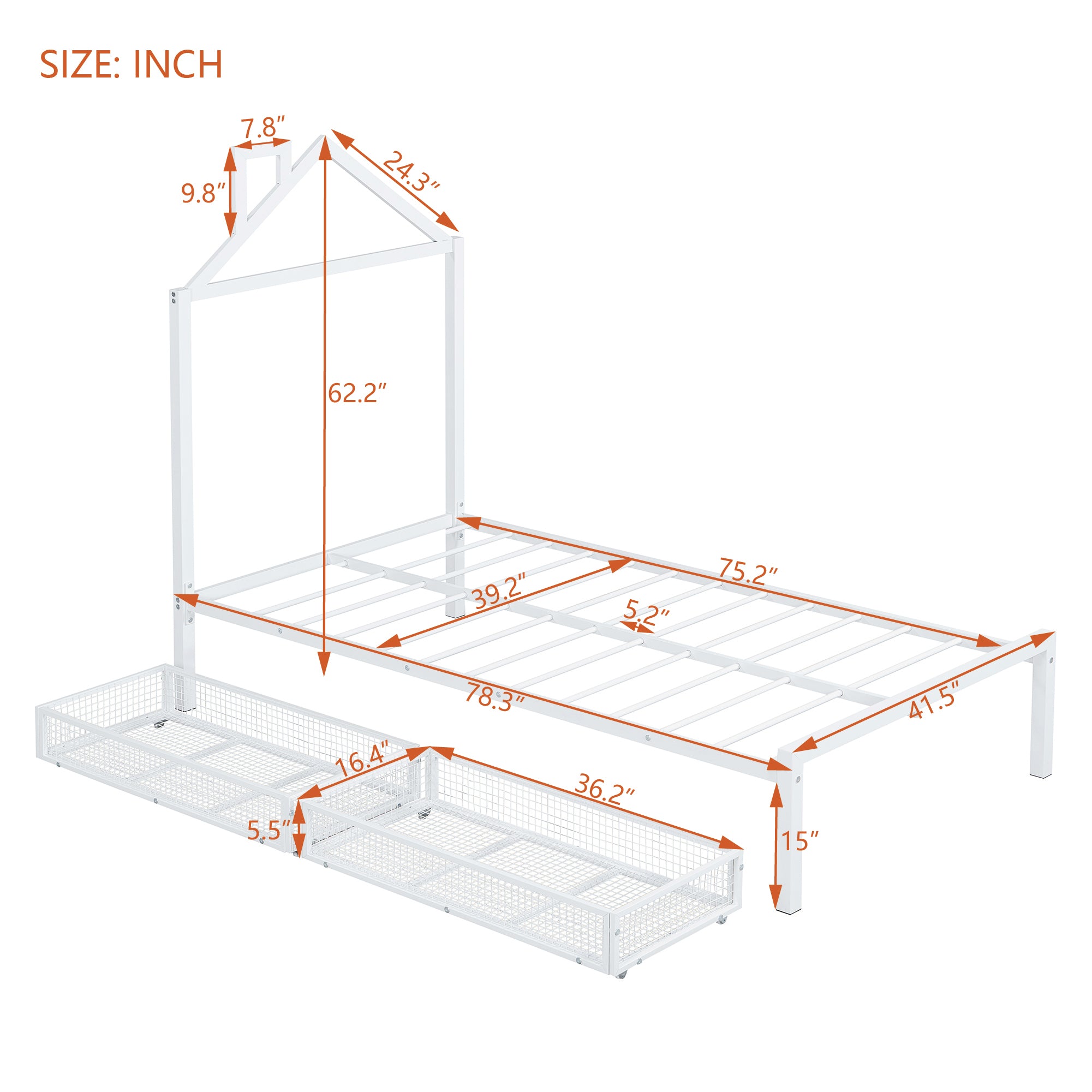 Twin Size Metal Platform Bed with two drawers,House-Shaped Headboard Design, White