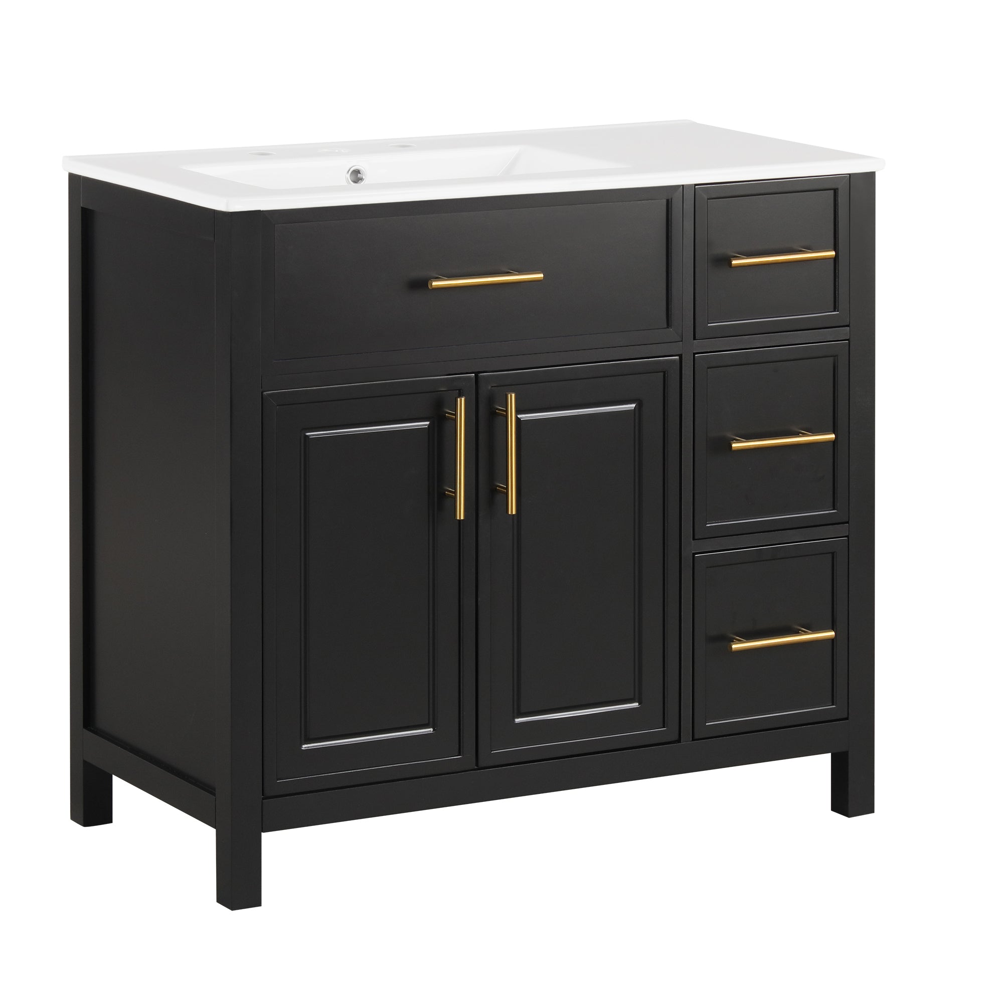 36" Bathroom Vanity with Sink Top, Bathroom Vanity Cabinet with Two Doors and Three Drawers, Solid Wood , MDF Boards ,One Package, Black