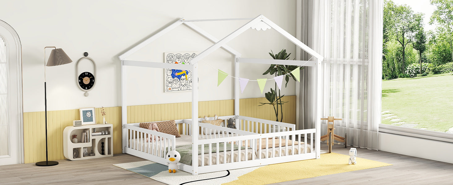 Double Twin House-Style Floor Bed with Fence, Guardrails, without door, White