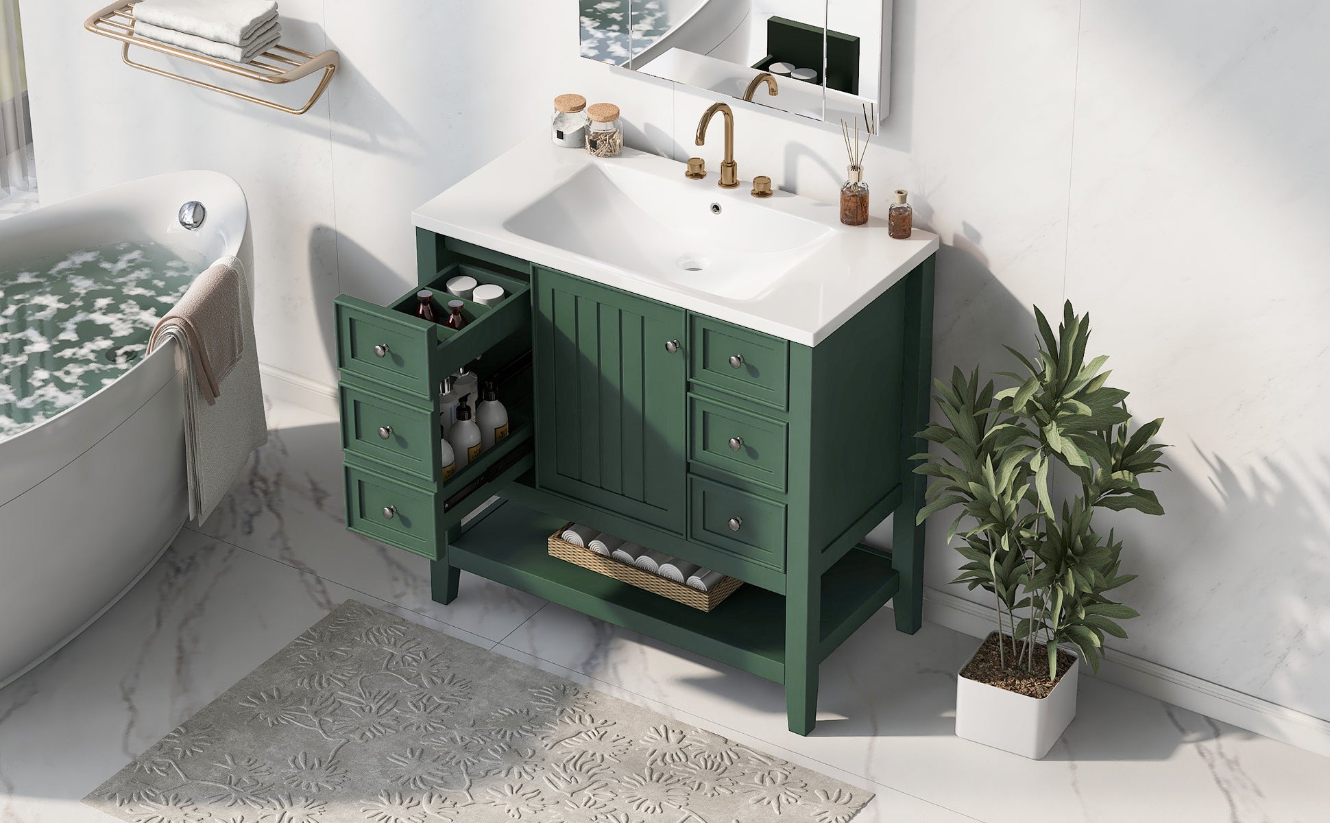 36" Bathroom Vanity with Sink Combo, One Cabinet and Three Drawers, Solid Wood and MDF Board, Green