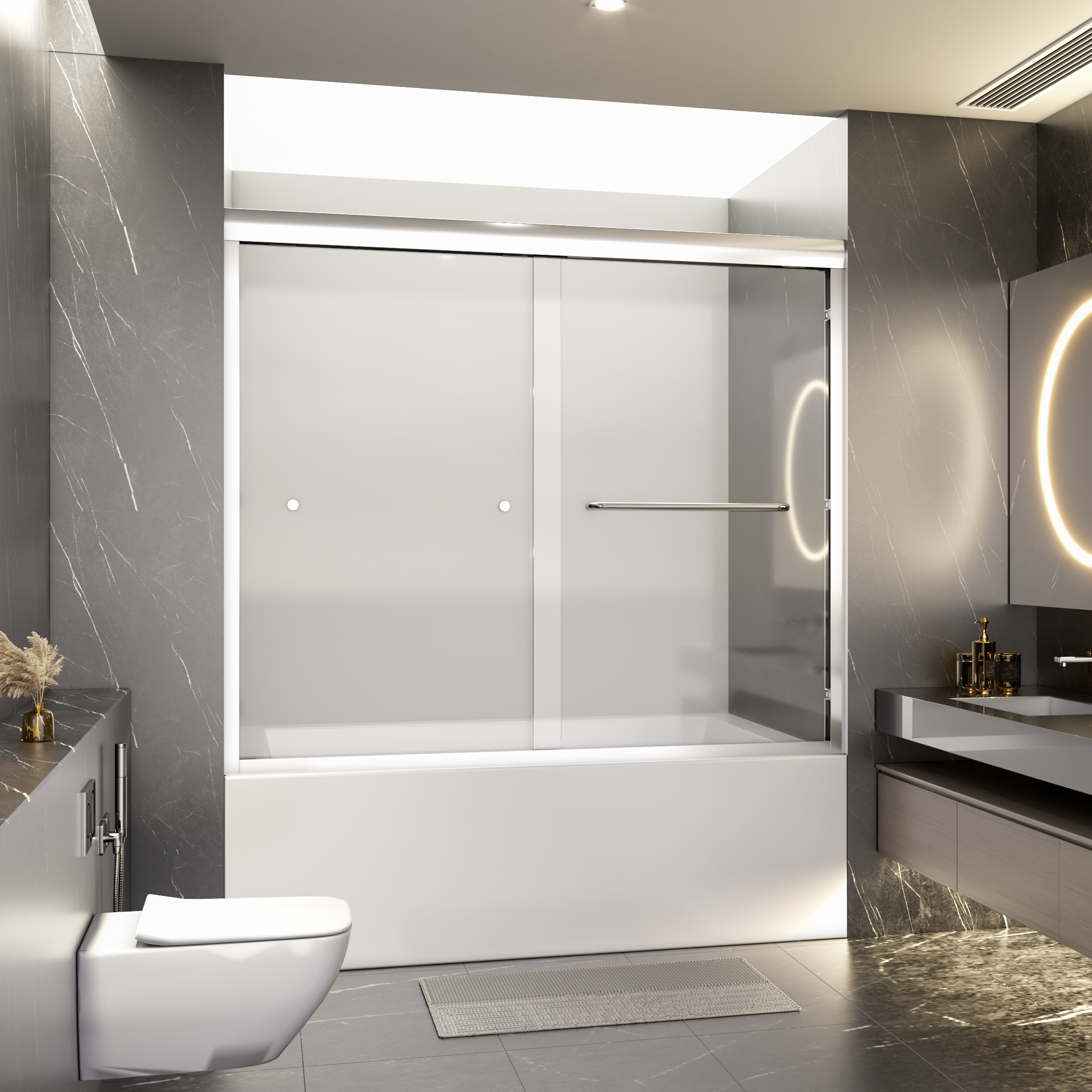 56"-60"W x 58" H  Semi-Frameless Double Sliding Tub Door, Bypass Bathtub Shower, 1/4" (6mm) Thick SGCC Tempered Glass Door,  Chrome