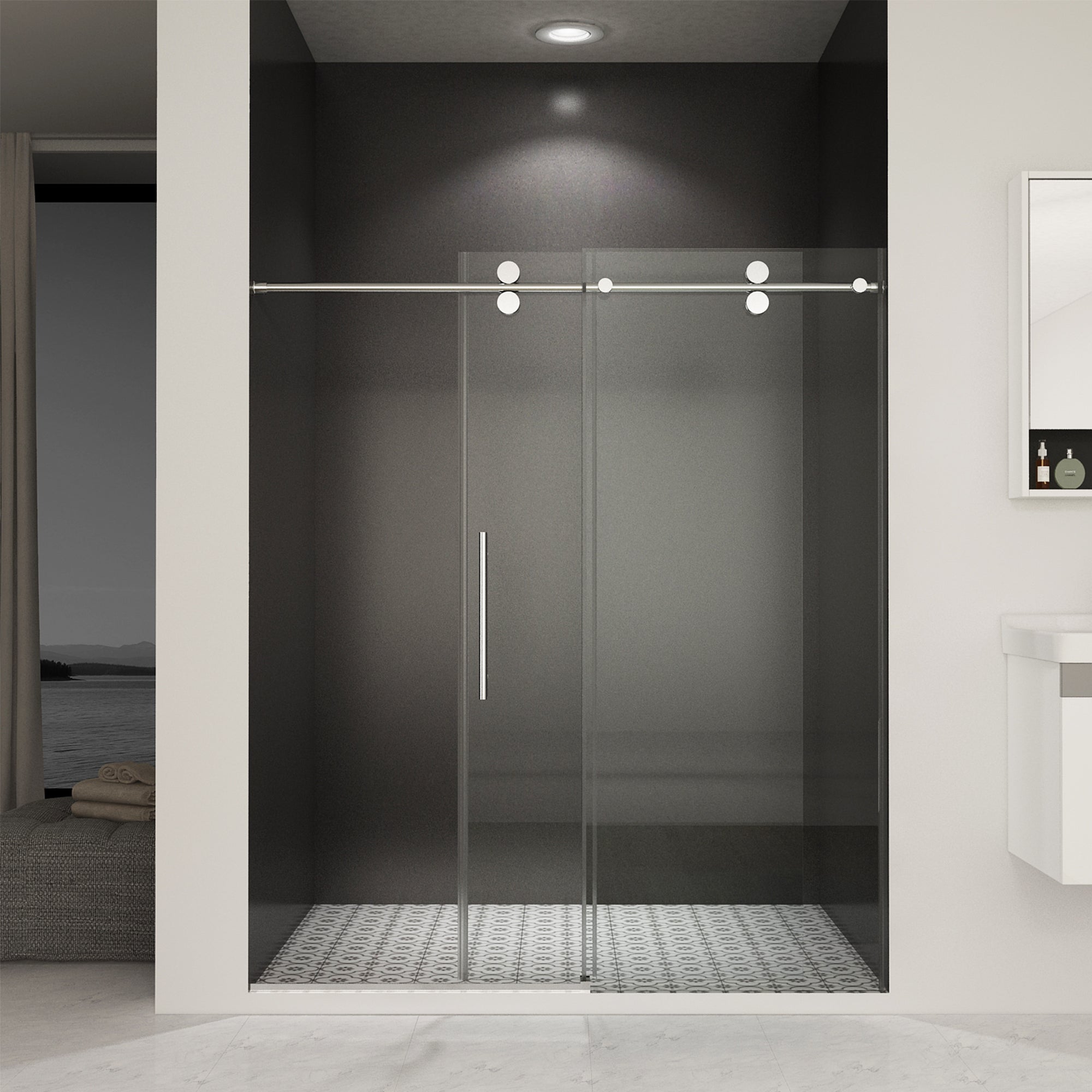 56"-60"W x 76"H Frameless Shower Door, Sliding Shower Door, with Premium 3/8"(10mm) Thick Tempered Glass Shower Enclosure ,Double Side Easy Clean Coat,Chrom Finished With Buffer