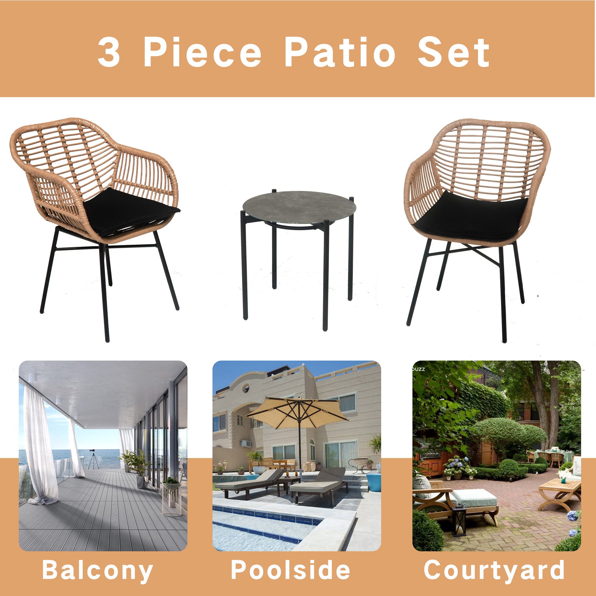 3 Pieces Of Luxury Outdoor Wicker Furniture - Patio Bistro Style Table And Chair Combination,Weather-resistant PE Wicker Weave, Stainless Steel Fame, Suitable For Garden, Terrace,Backyard Casua