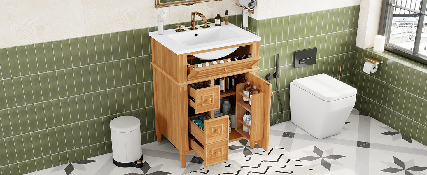 Bathroom vanity with sink, wood handles detail view