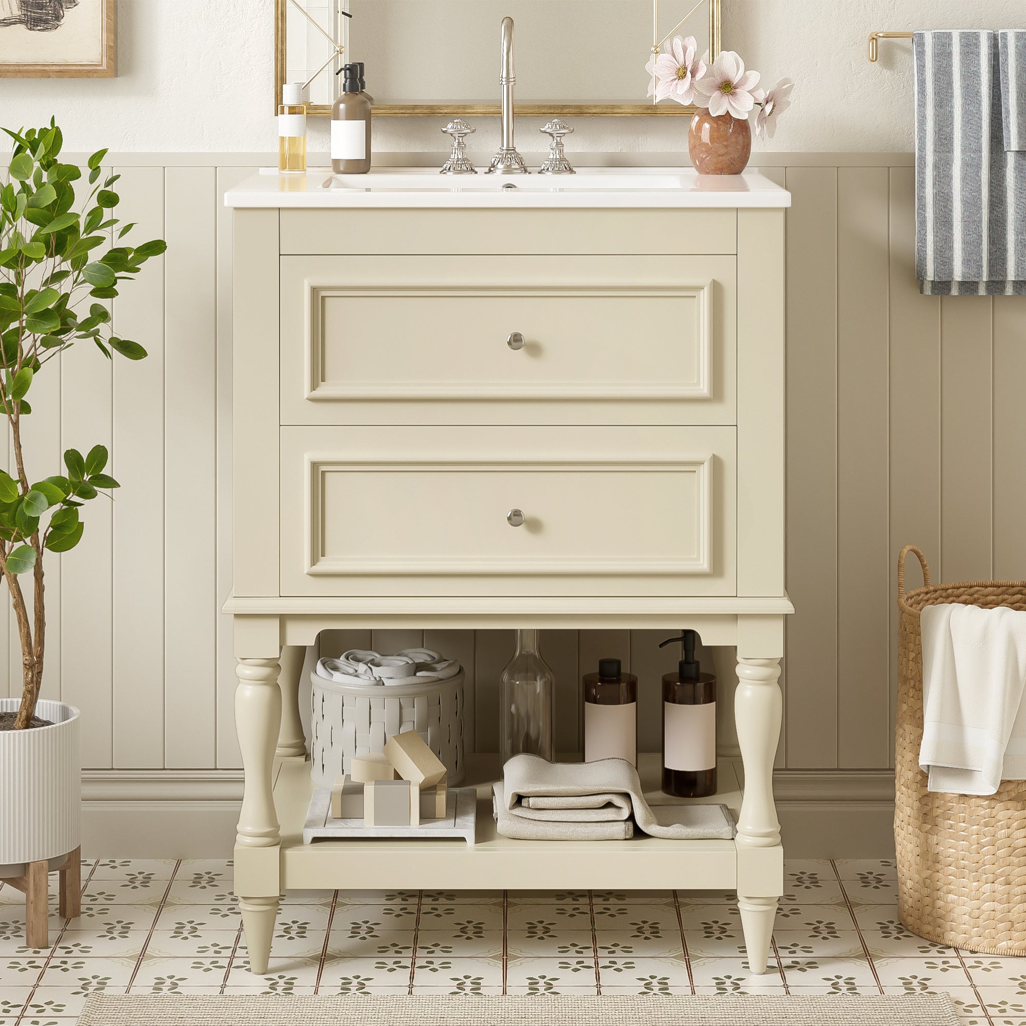 Retro bathroom vanity with open shelf storage, side view