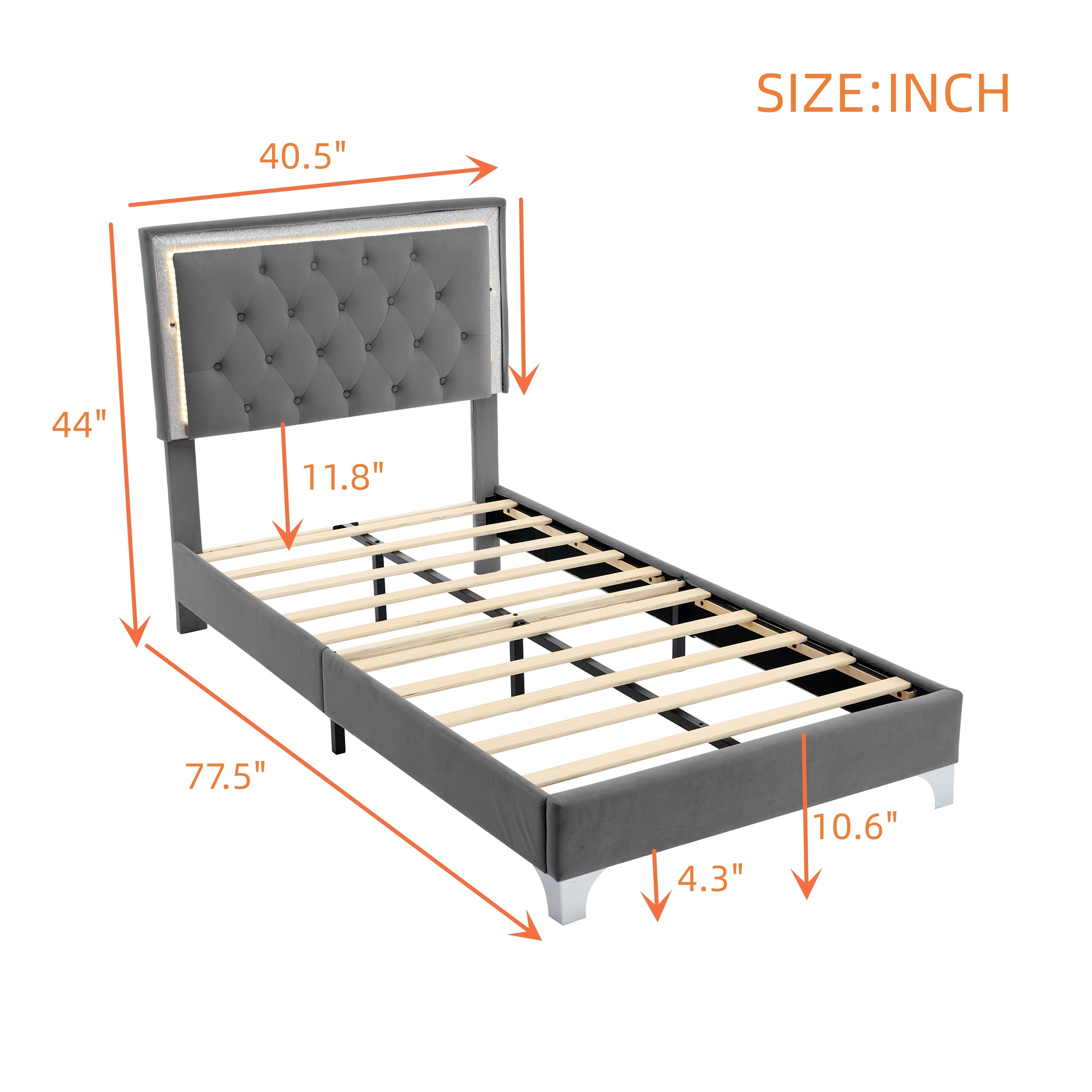 Twin Size Upholstered Bed Frame with LED Lights,Modern Velvet Platform Bed with Tufted Headboard,Grey