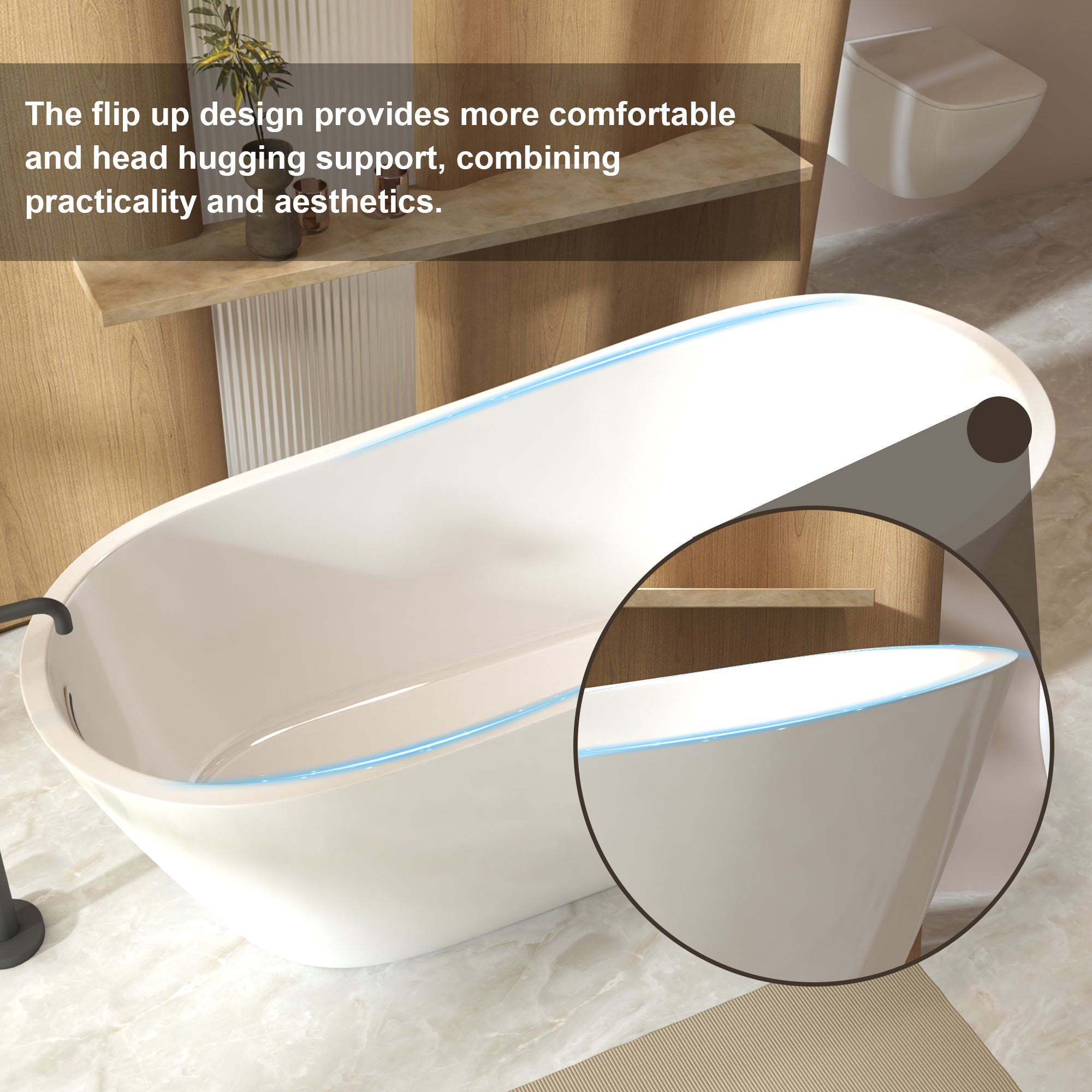 Special-shaped freestanding bathtub in gloss white, chrome overflow detail