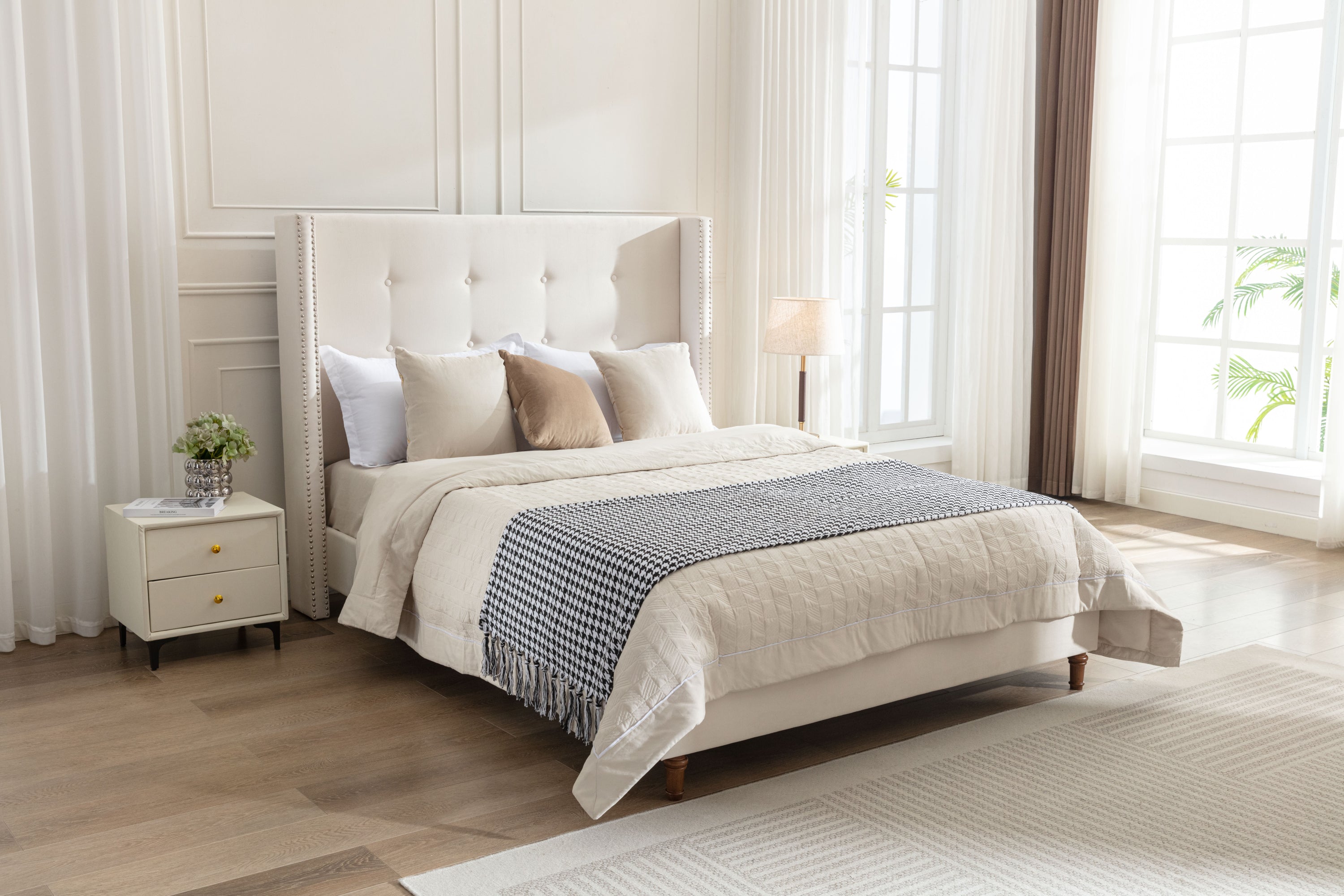 Peyton Upholstered Queen Bed / 54" High Headboard / Traditional Hand Buttoned Tufting / Nailhead Trim Wingback / No Box Spring Needed / Easy Assembly / Ivory Velvet