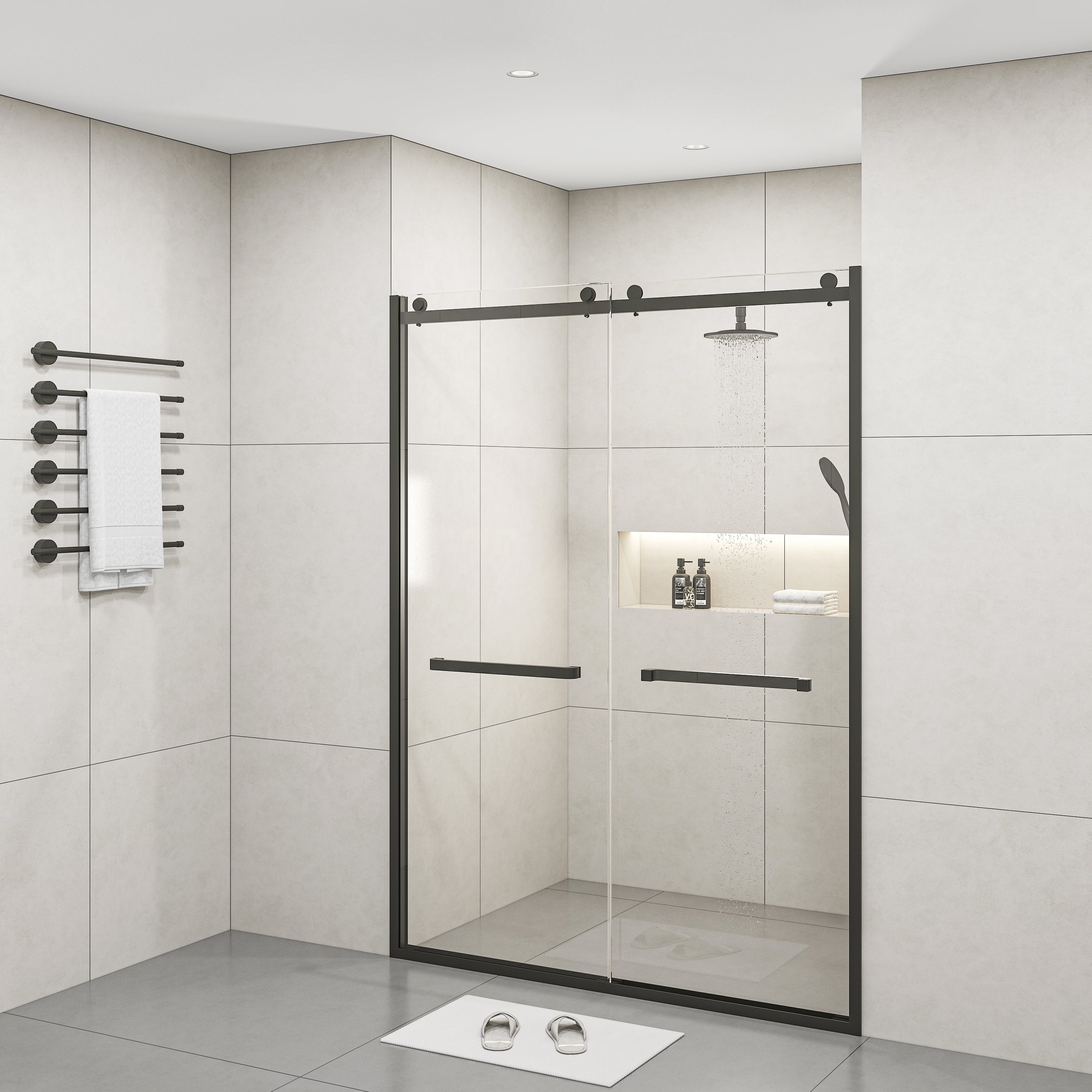 Semi-frameless Double Sliding Glass Shower Doors, 60" Width x 76"Height with 3/8"(10mm) Clear Tempered Glass, Matt Black Finish