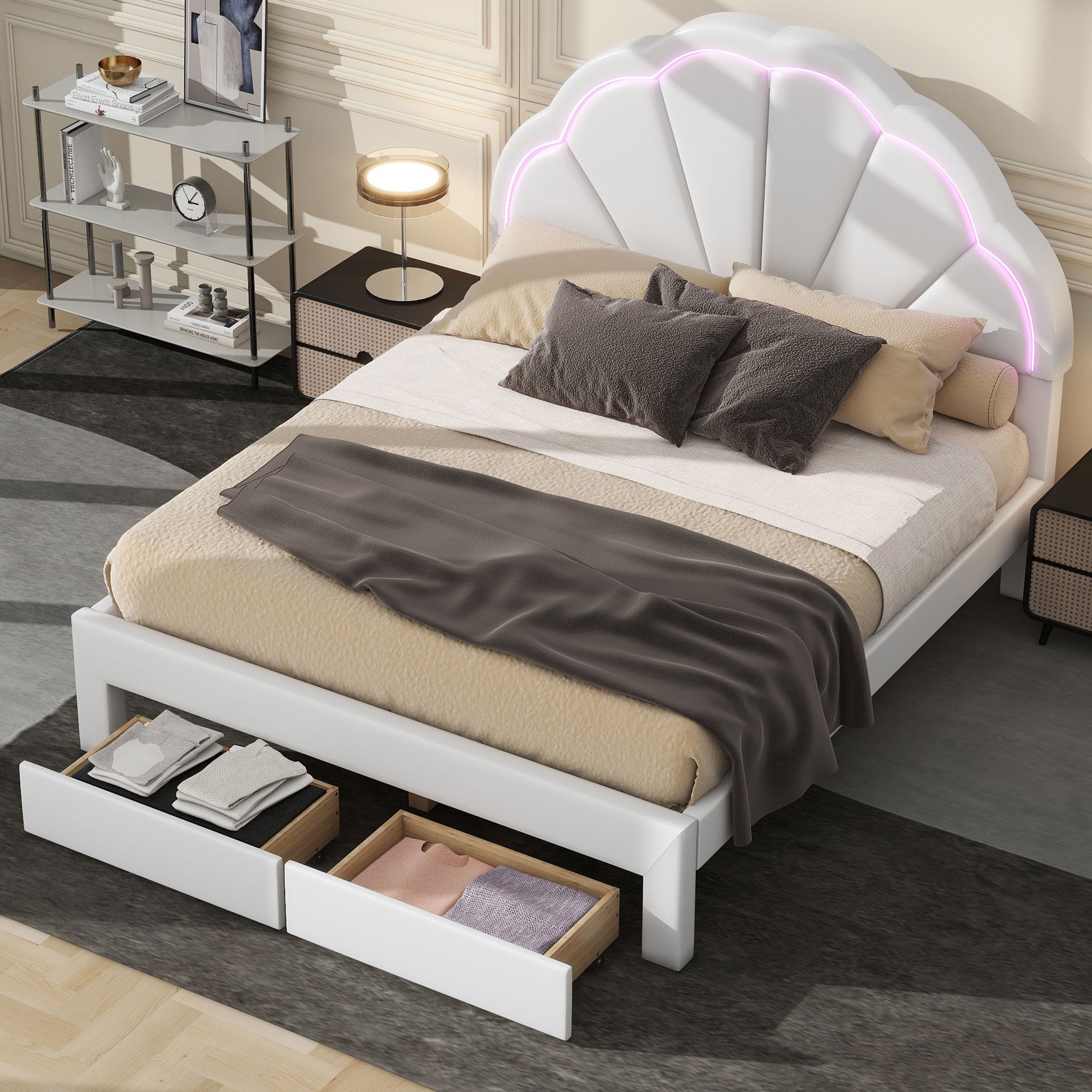 Full Size Upholstered Platform Bed with Seashell Shaped Headboard, LED and 2 Drawers, White