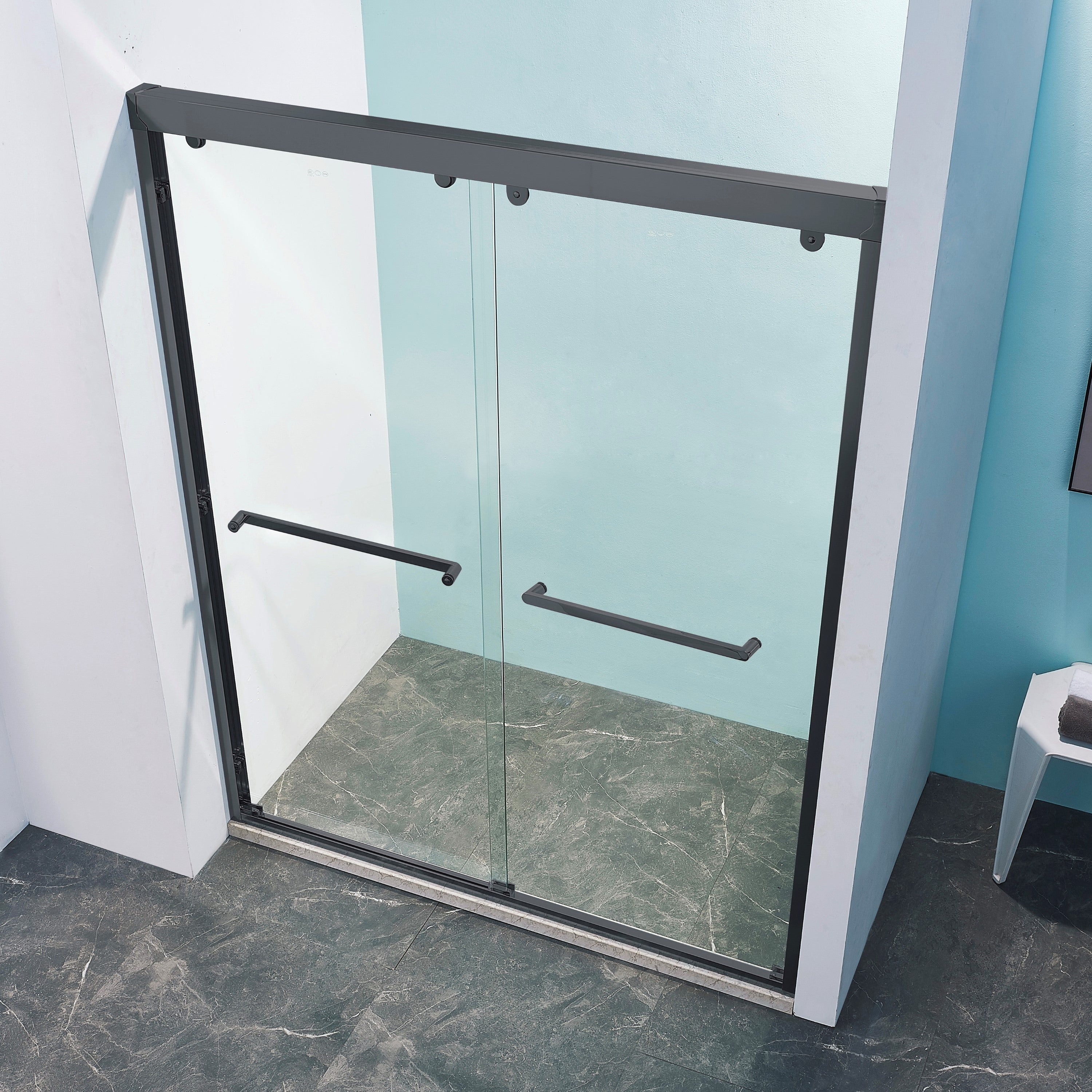 56-60"W x 76"H Double Sliding Shower Door, Aluminium Alloy Frame in Matte Black, 5/16" (8mm) Thick SGCC Tempered Clear Glass.