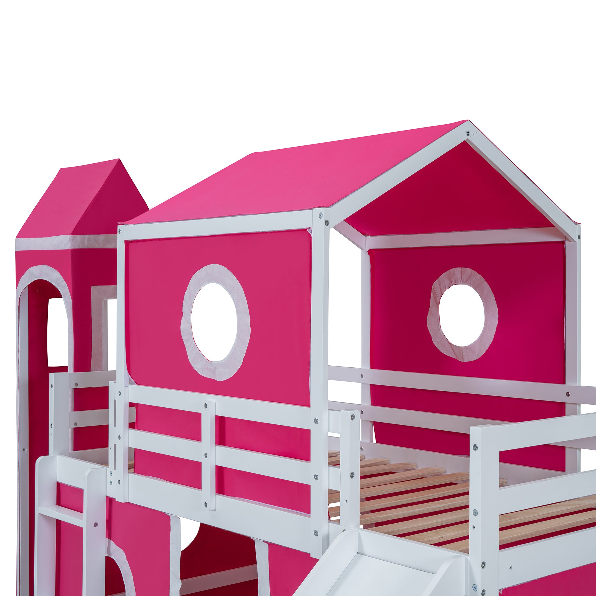 Twin Size Loft  Bed with Slide Pink Tent and Tower - Pink (OLD SKU:WF298769AAH)