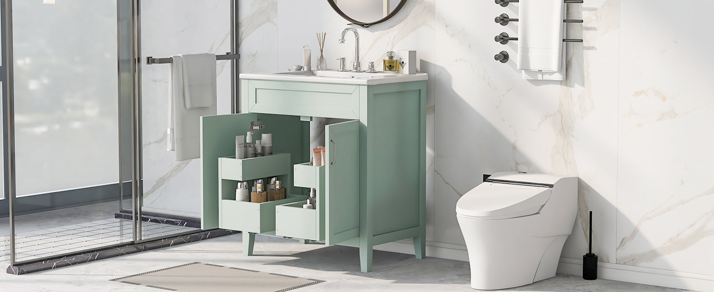 30" Bathroom Vanity with Sink, Multi-functional Bathroom Cabinet with Doors and Drawers, Solid Frame and MDF Board, Green