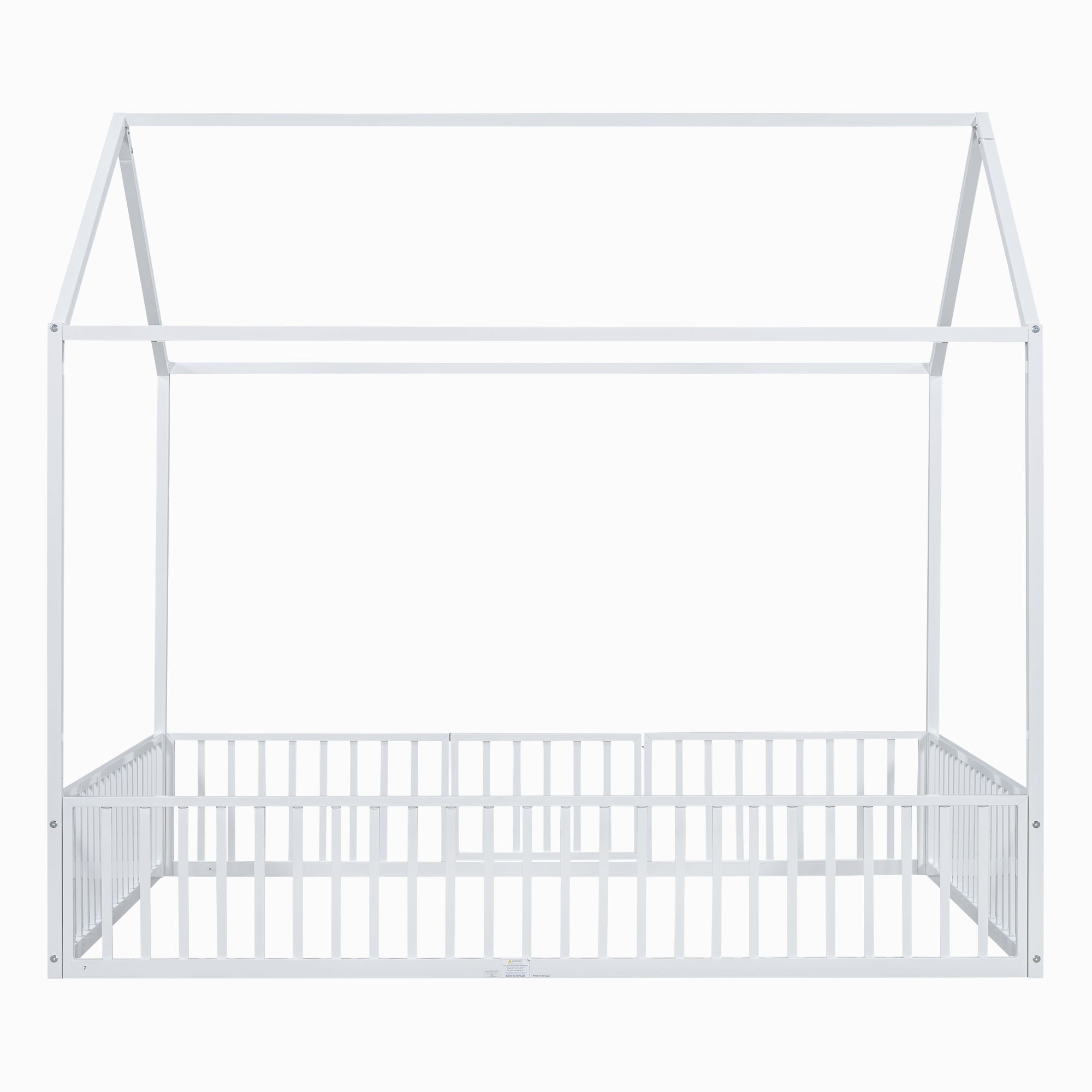 Full Size Metal House Bed with Fence and Door, White