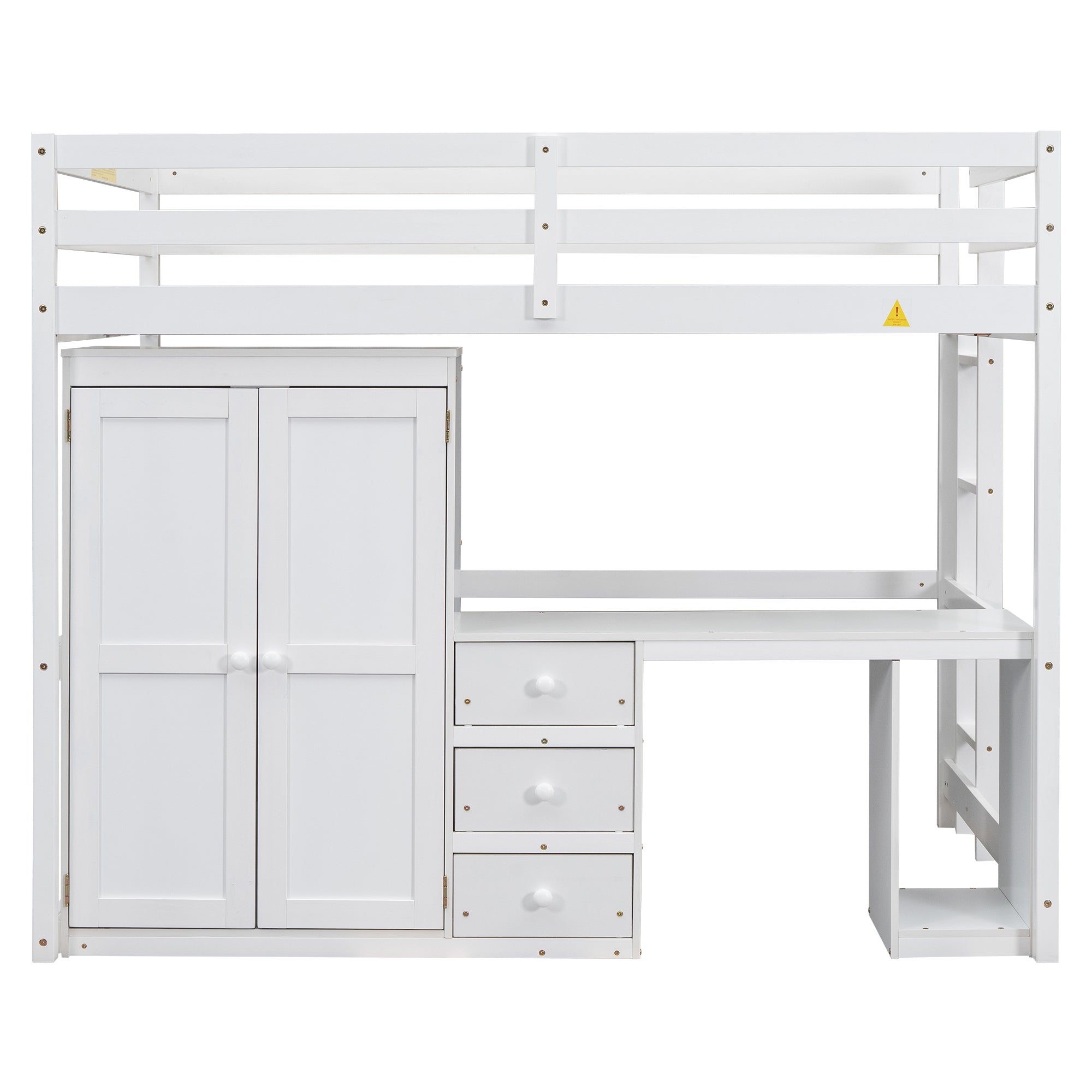 Full Size Loft Bed with Wardrobe, Desk and Storage Drawers, White