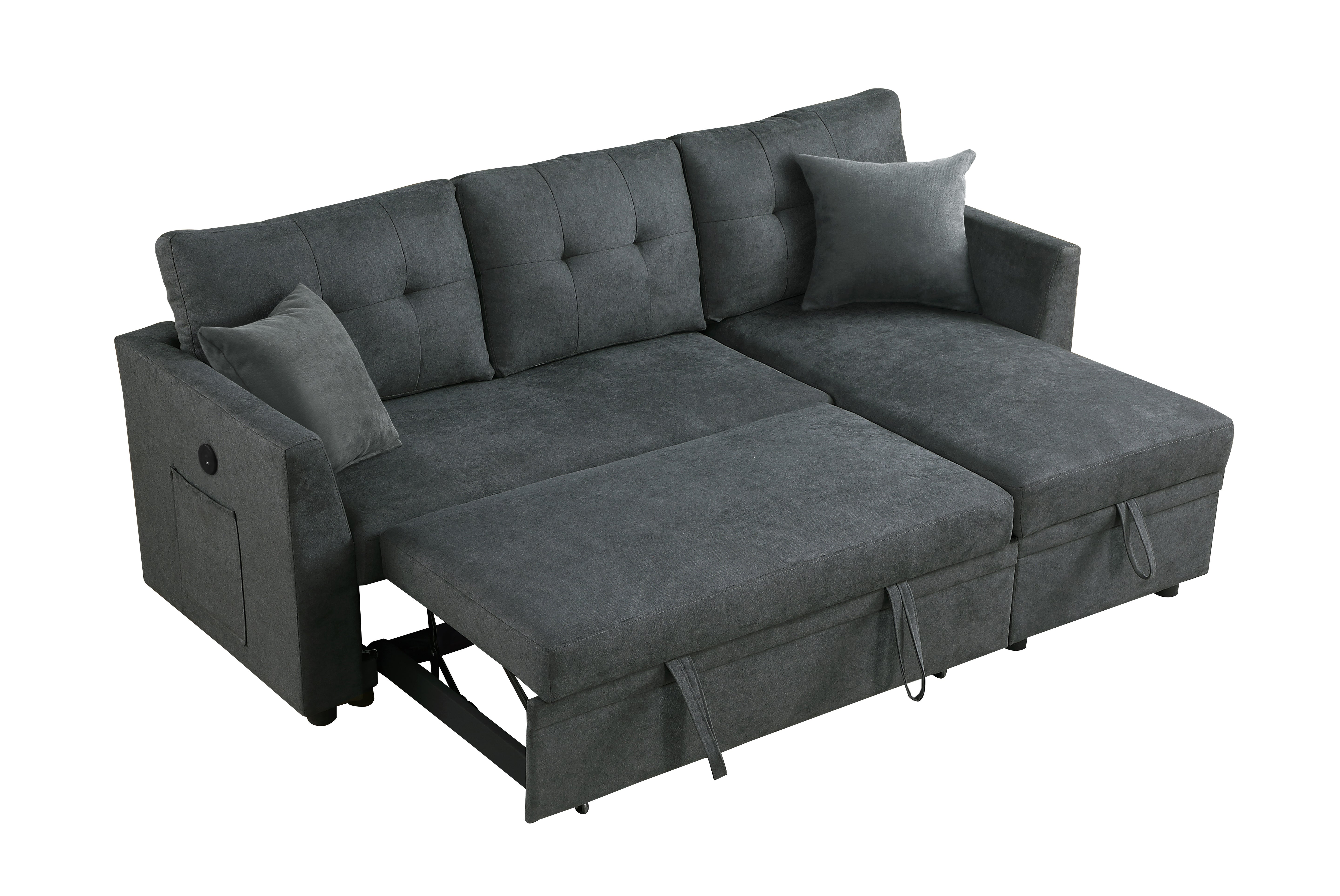 L-shaped sectional sofa bed with reversible storage chaise, front view