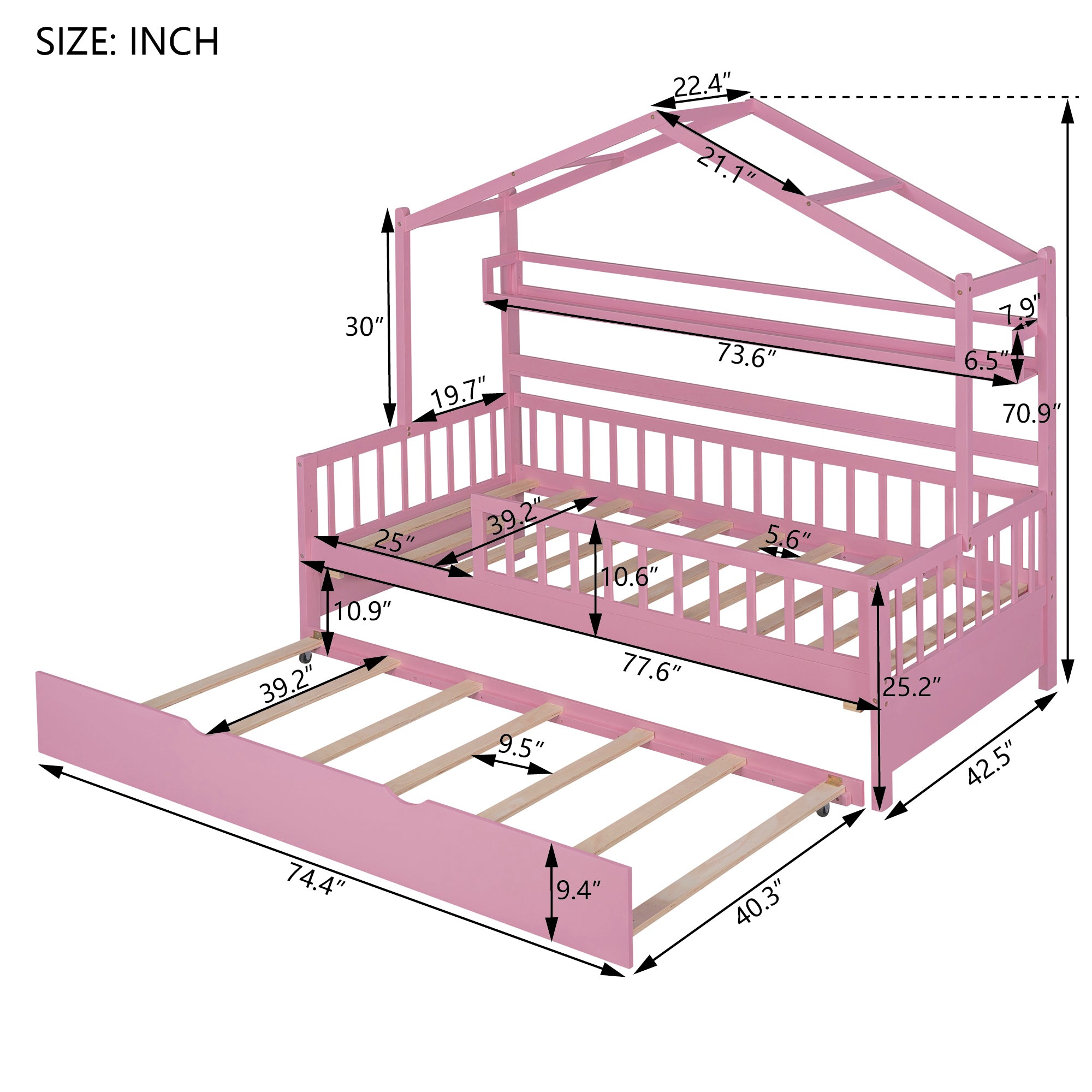 Wooden Twin Size House Bed with Trundle,Kids Bed with Shelf, Pink