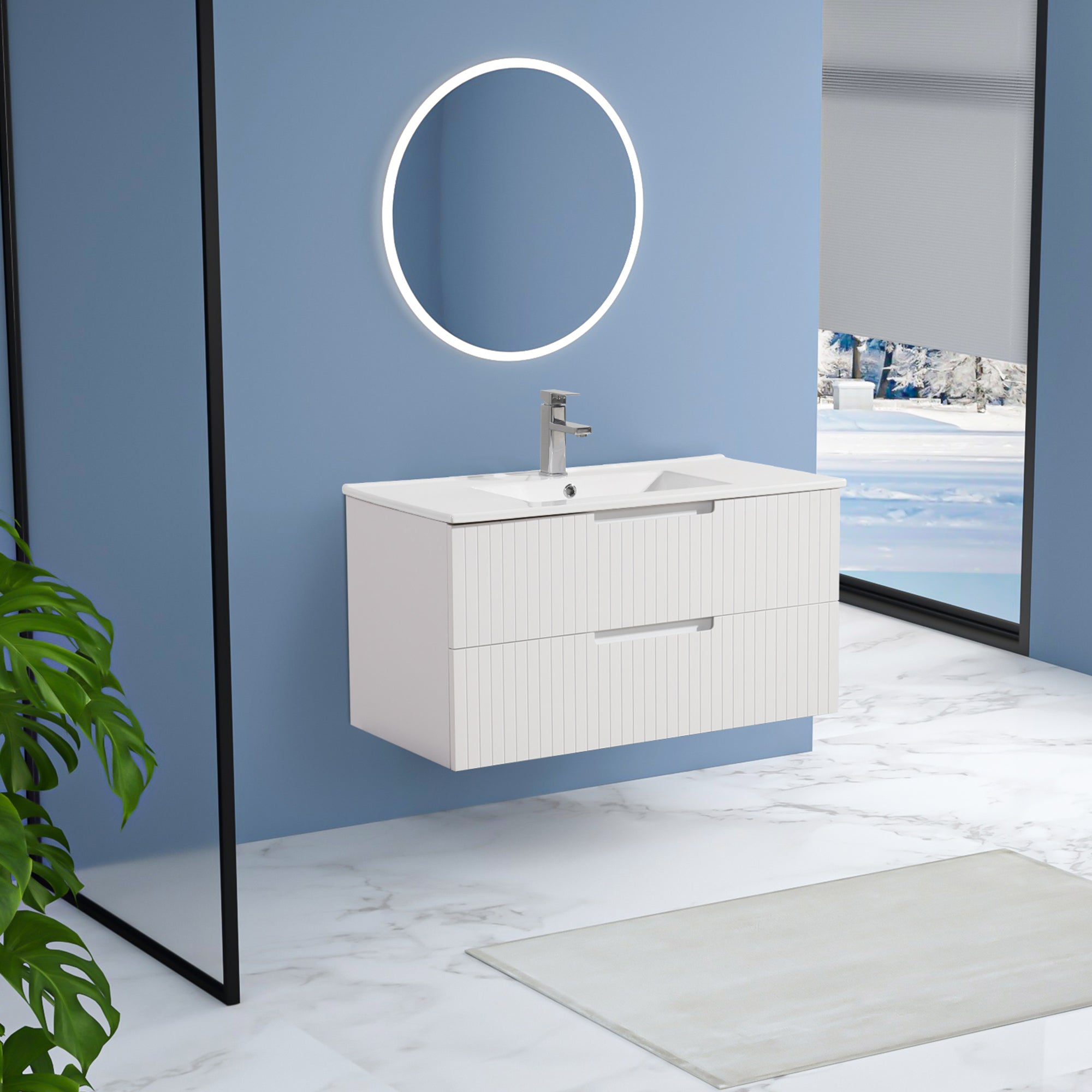 36 Inch Floating Bathroom Vanity with Ceramic Sink Set , Modern Bath Storage Cabinet Vanity with Drawers Wall Mounted Combo for Bathroom, White