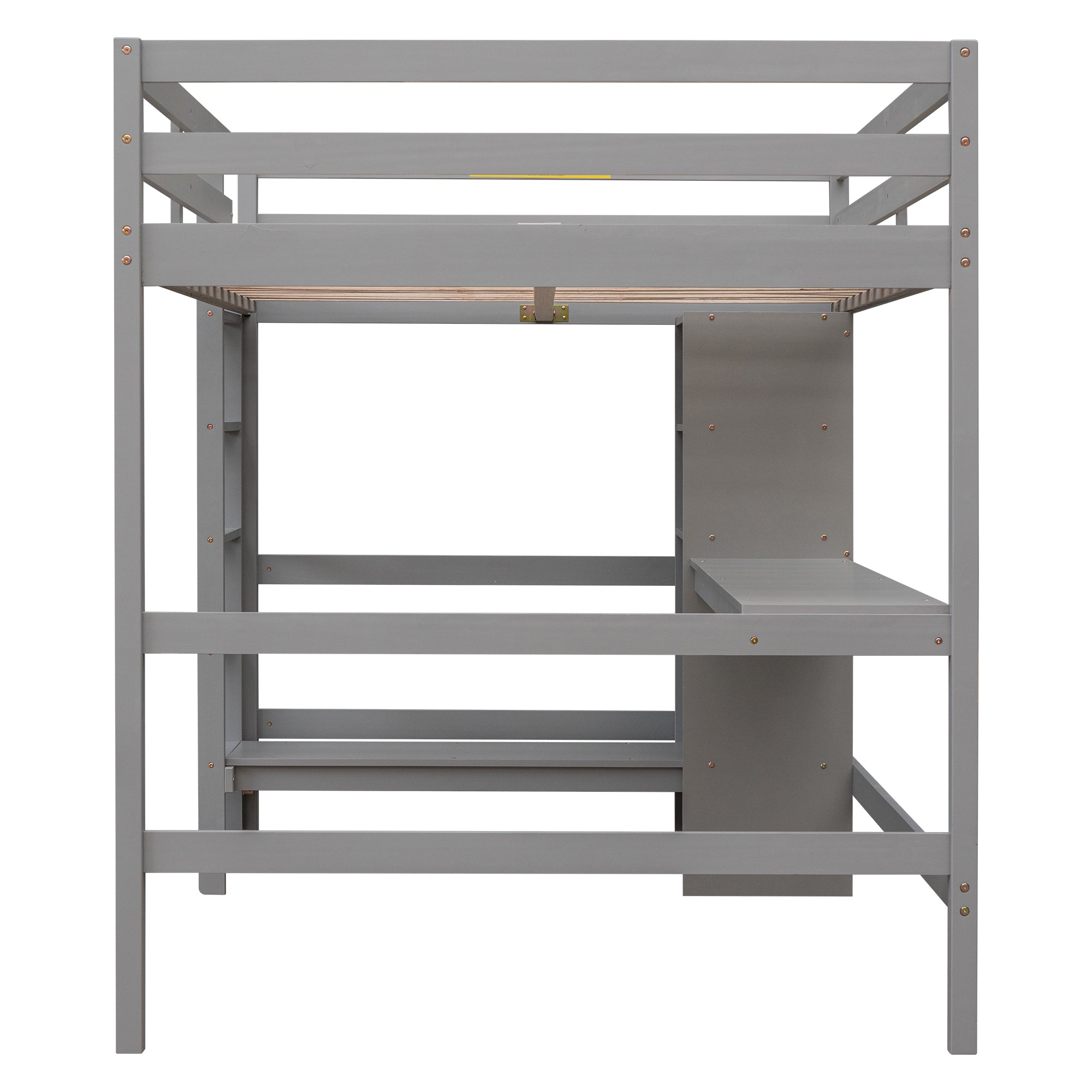 Full Size Loft Bed with Multifunction Shelves and Under-bed Desk, Gray