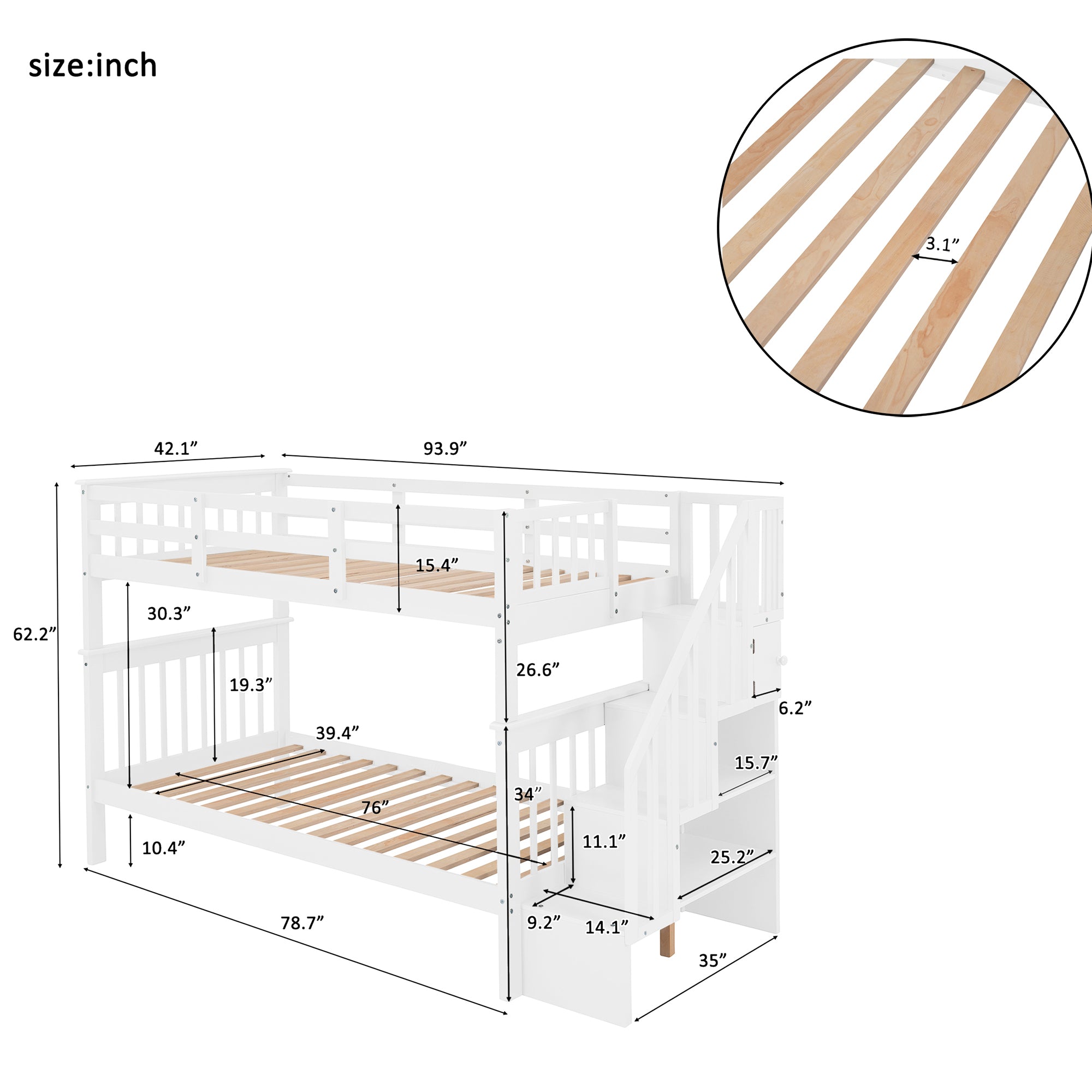 Stairway Twin-Over-Twin Bunk Bed with Storage and Guard Rail for Bedroom, Dorm, White color(OLD SKU :LP000109AAK)