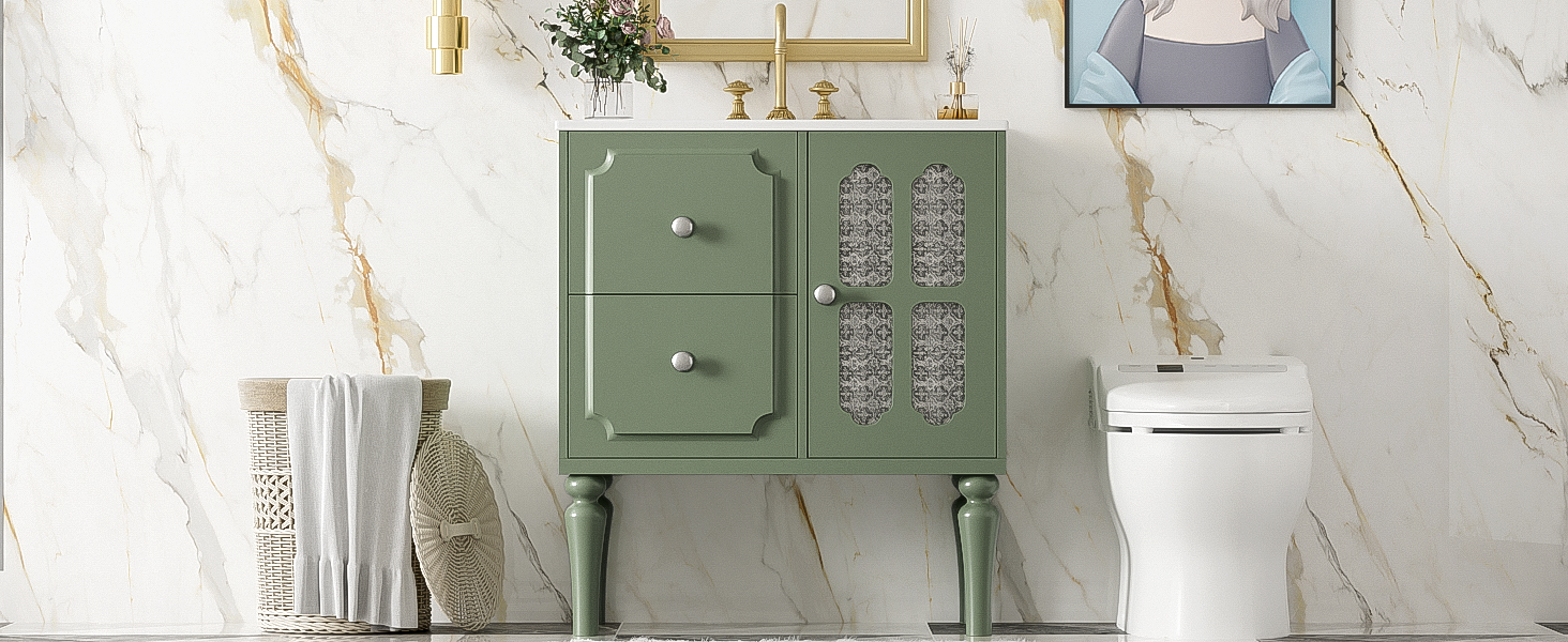 Retro Style 30'' Bathroom Vanity with Ceramic Sink Combo, Freestanding Single Vanity with 2 Drawers, Solid Wood Frame Bathroom Storage Cabinet, Green