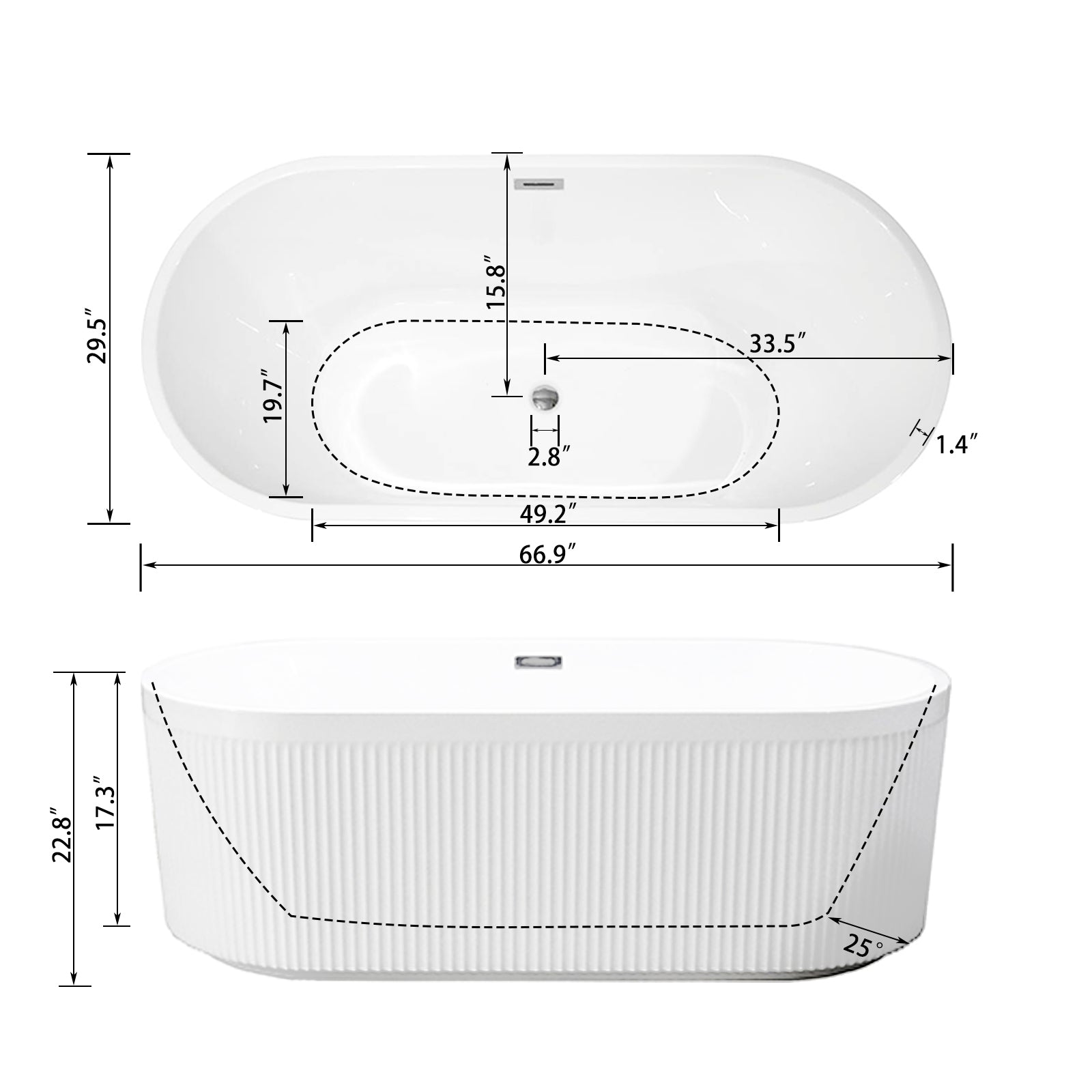 67" Acrylic Freestanding Bathtub with Unique Pleated Design: Spacious Oval Shape, Gloss White Finish, Brushed Nickel Overflow & Pop-Up Drain