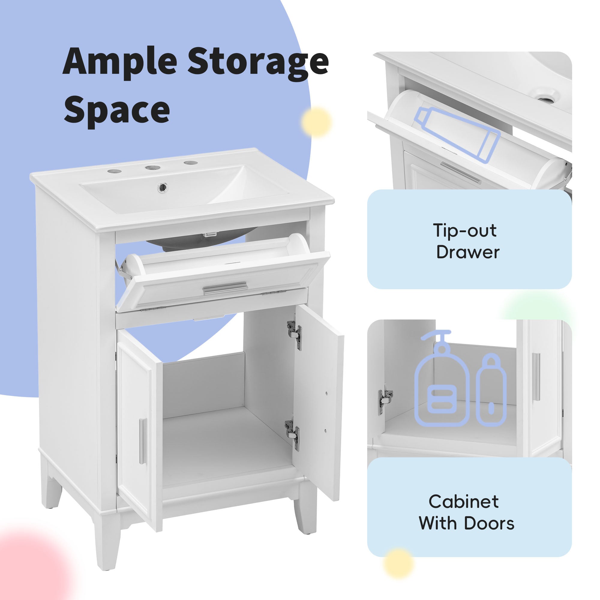 24" Bathroom Vanity with Sink, Bathroom Vanity Cabinet with One Flip Drawer and Doors, Solid Wood and MDF, White