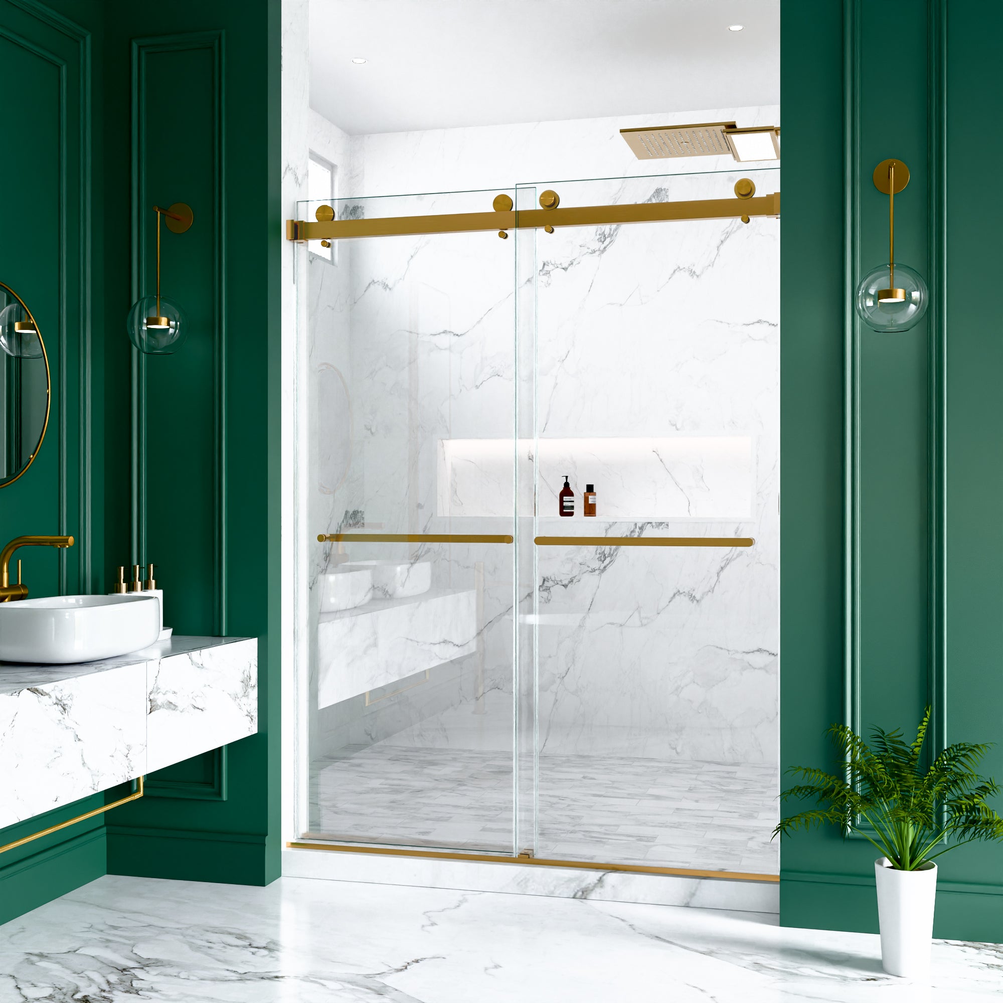 56-60 x 80 in Frameless Double Sliding Shower Door - 56-60 x 80 in / Brushed Gold view 5