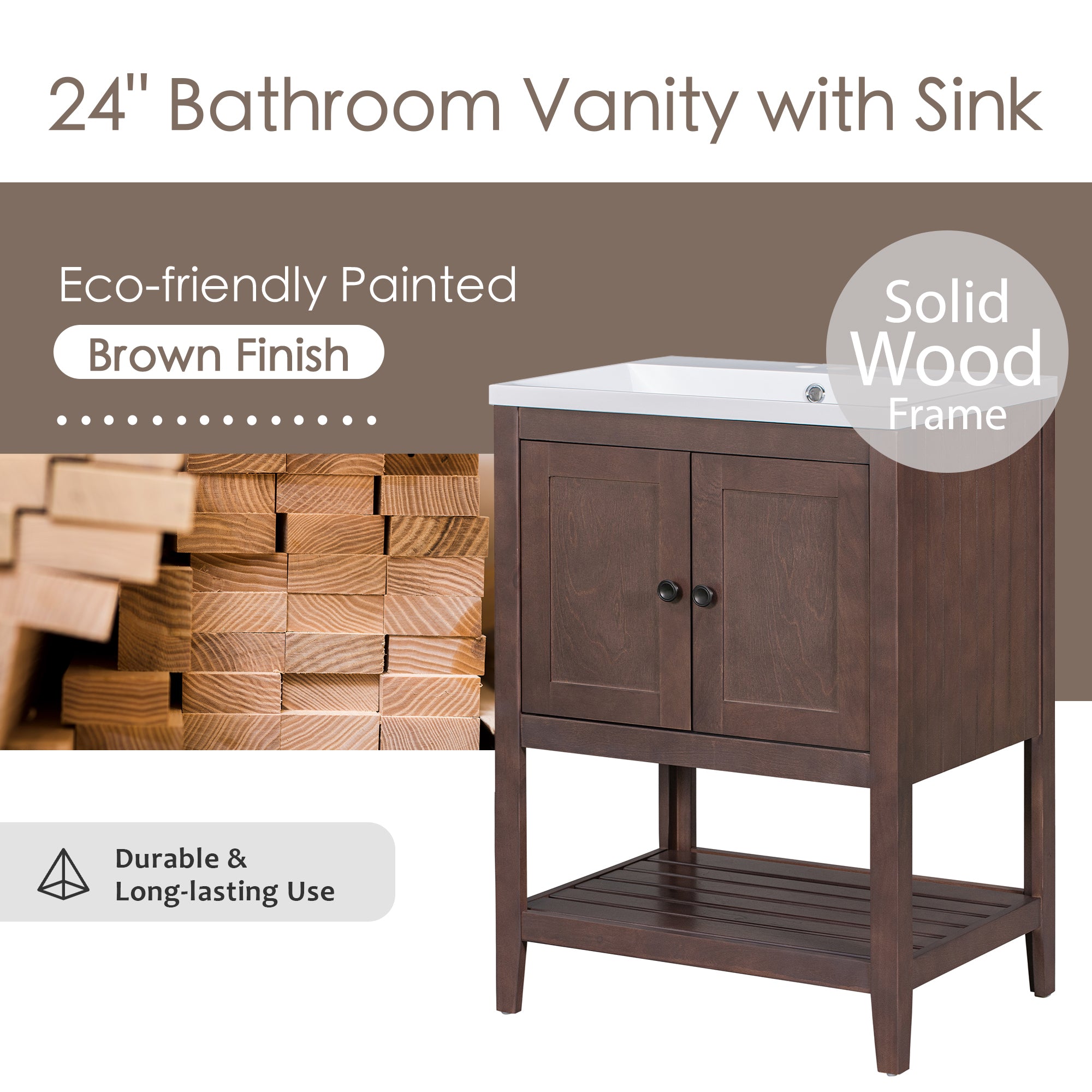 [VIDEO] 24" Brown Modern Sleek Bathroom Vanity Elegant Ceramic Sink with Solid Wood Frame Open Style Shelf (OLD SKU: JL000004AAD)