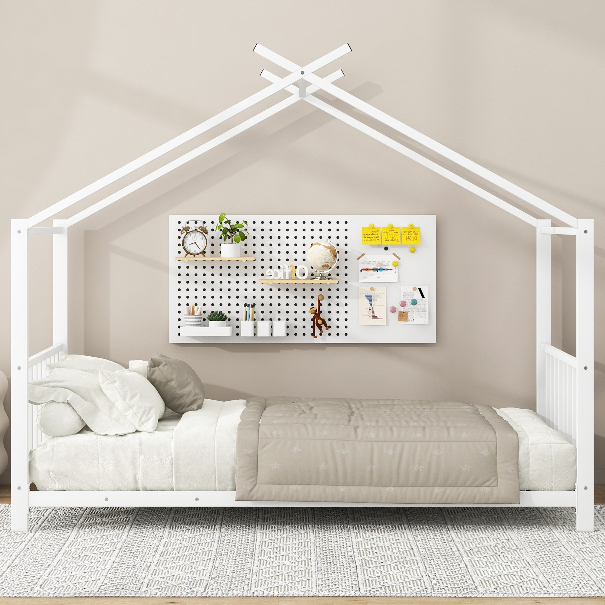 Twin Size Metal House Platform Bed, White