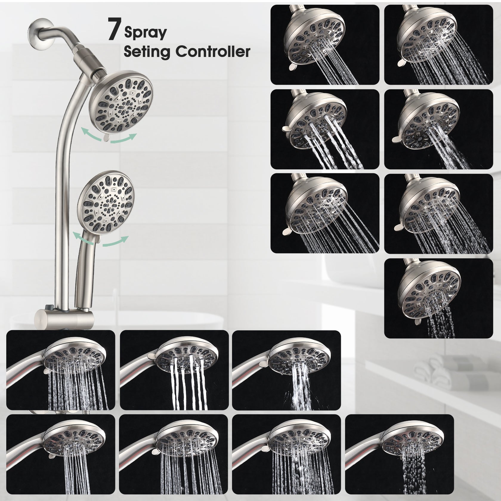 Drill-Free Stainless Steel Slide Bar Combo Rain Showerhead 7-Setting Hand, Dual Shower Head Spa System (Rough-in Valve Included)