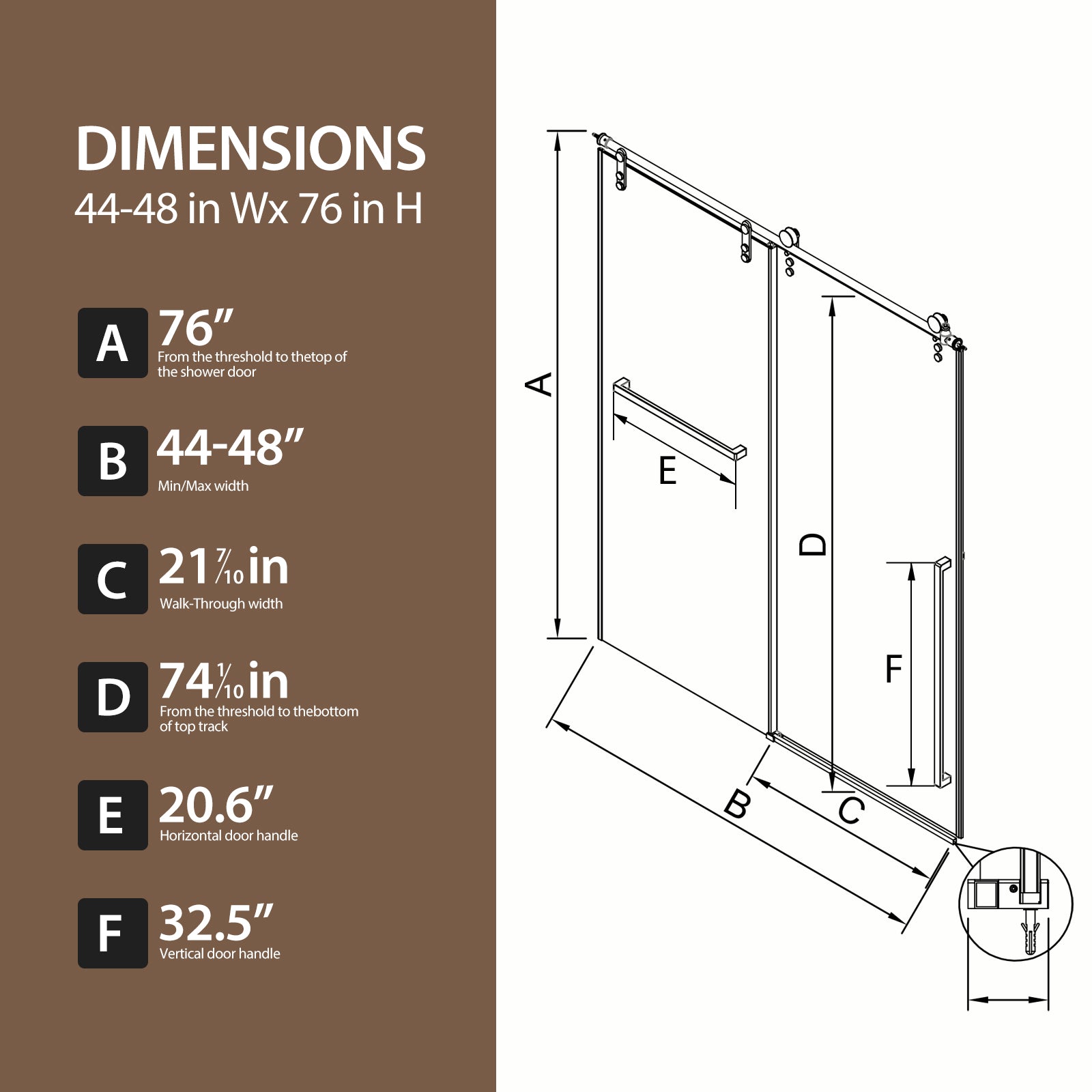 44-48 x 76 in Frameless Sliding Shower Door - 44-48 x 76 in / Brushed Nickel view 4