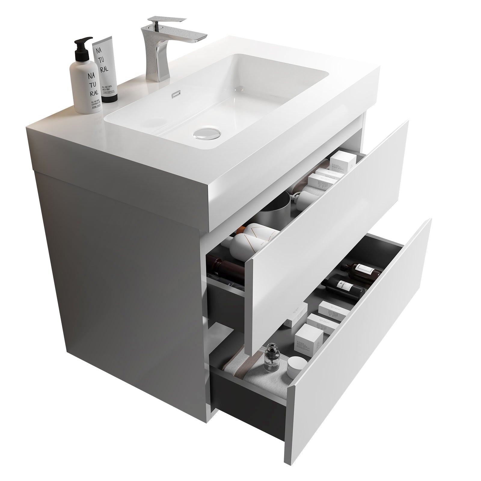 Alice 30" White Bathroom Vanity with Sink, Large Storage Wall Mounted Floating Bathroom Vanity for Modern Bathroom, One-Piece White Sink Basin without Drain and Faucet, Pre-assembled