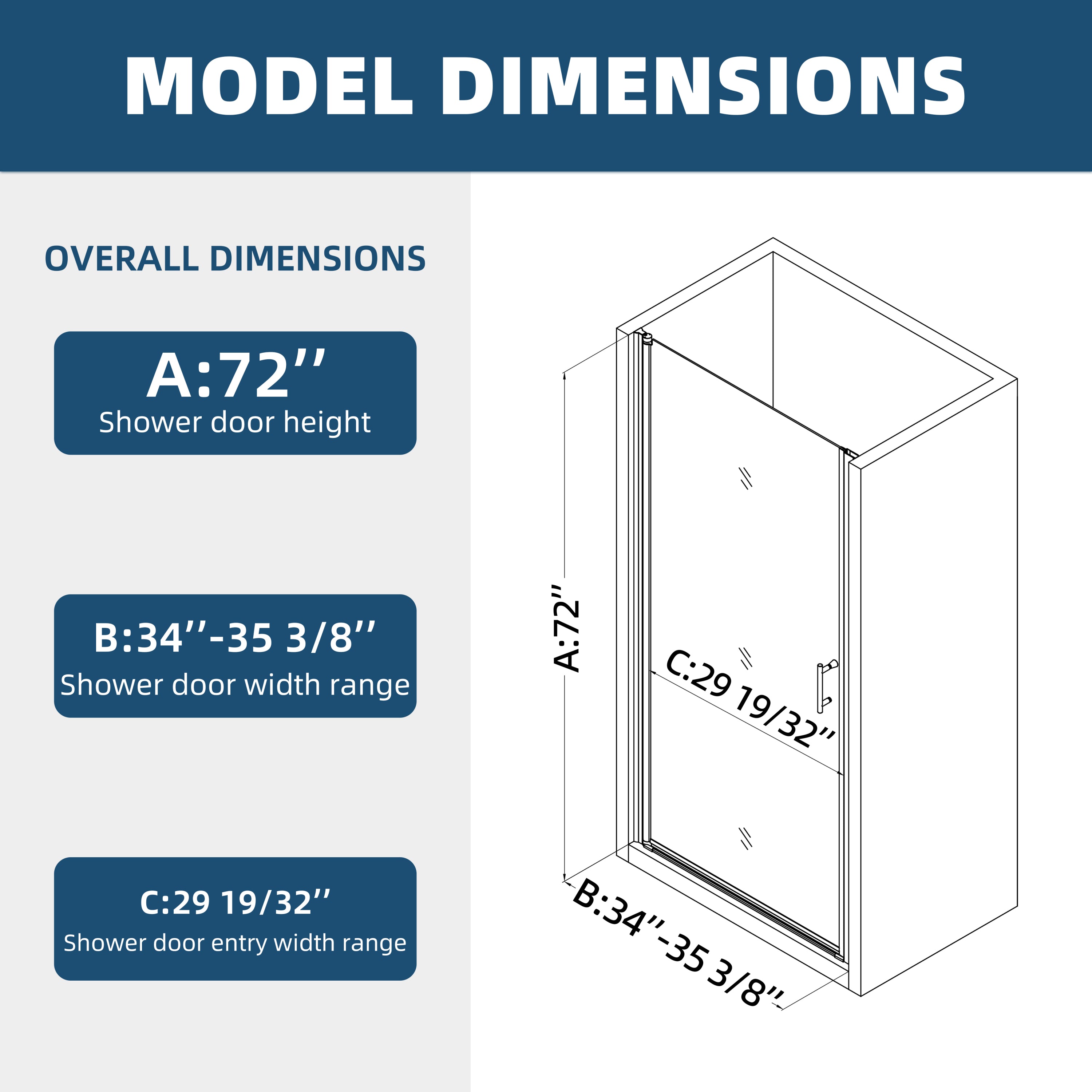 (34"W x 72"H)1 3/8") Universal pivot shower door, open outside, with 1/4" tempered glass