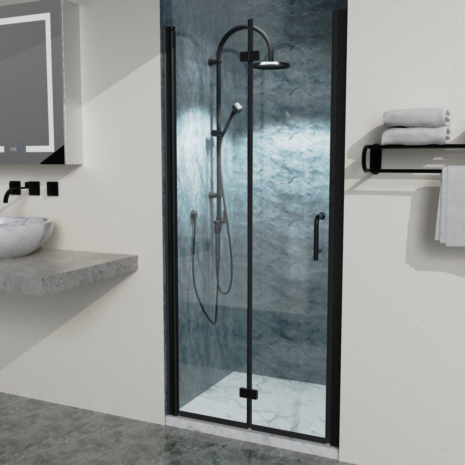 34-35"W x 72"H Bi-Fold Semi-Frameless Shower Doors in Matte Black with Clear Glass