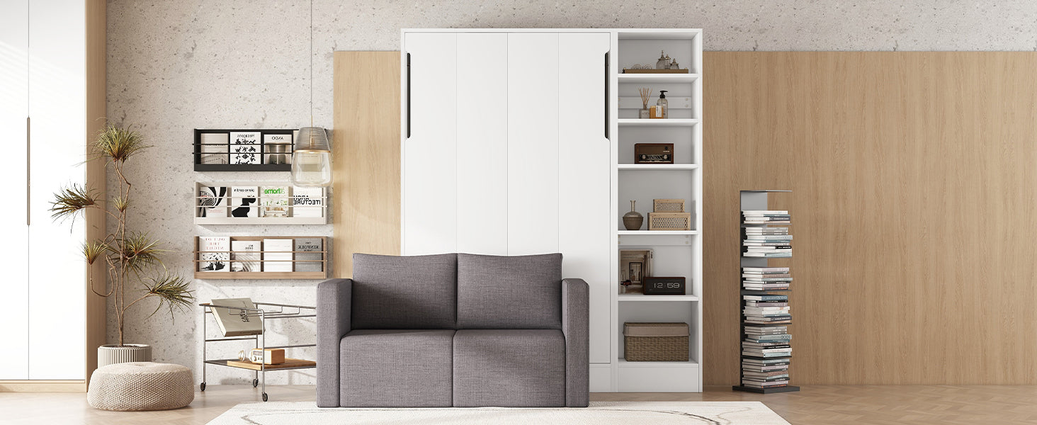 Twin Size Murphy Bed Wall Bed with Sofa,with Shelves,White