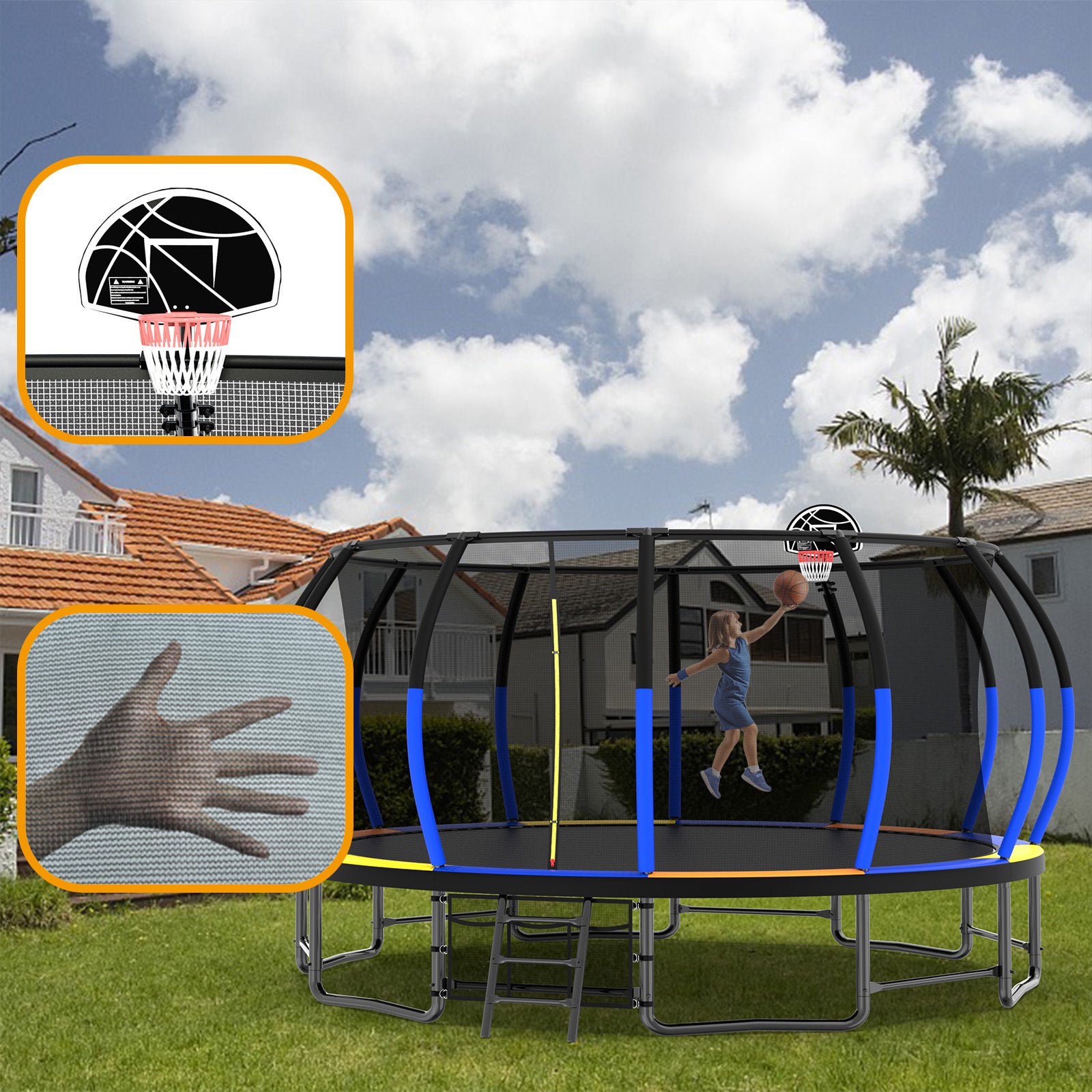 16FT Trampoline with EnclosureRecreational Trampolines with Ladder and AntiRust Coating, ASTM Approval Outdoor Trampoline for Kids