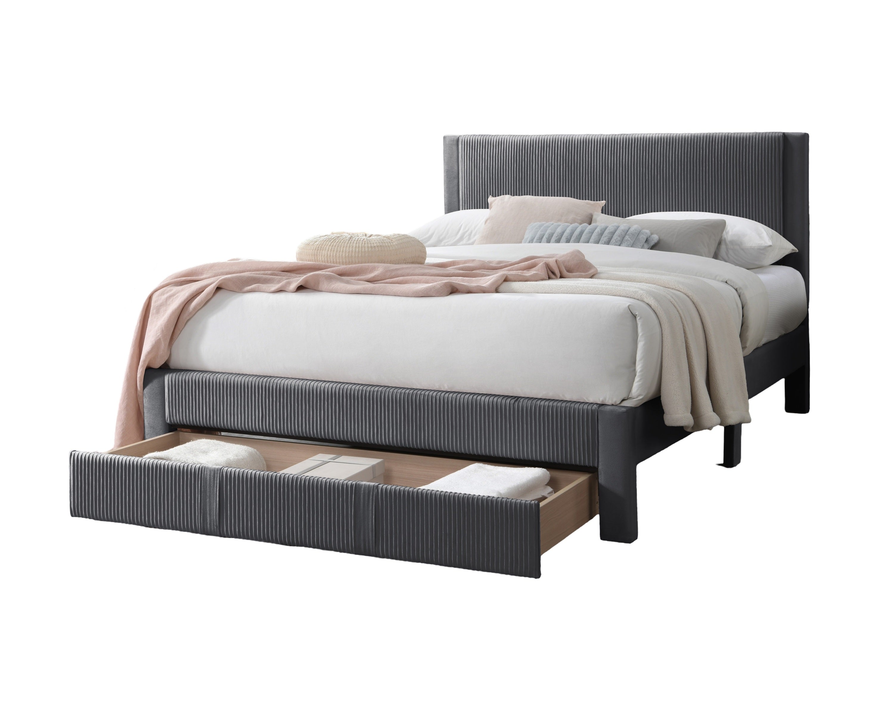 Contemporary 1pc Queen Size Bed w Storage Drawer Charcoal Corduroy Texture Design Platform Bedframe