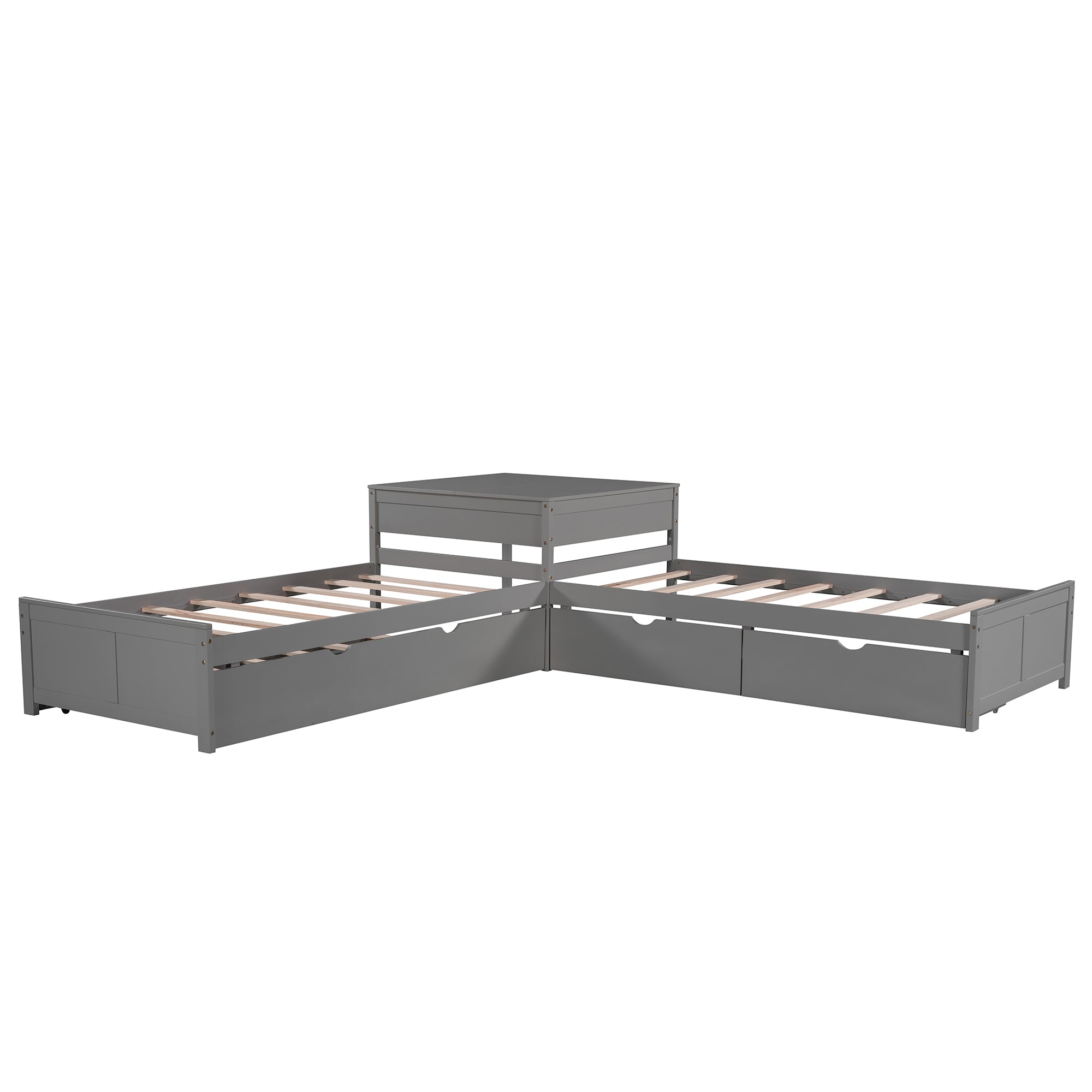 L-shaped Platform Bed with Trundle and Drawers Linked with built-in Desk,Twin,Gray(Old SKU:SM000916AAE-1)